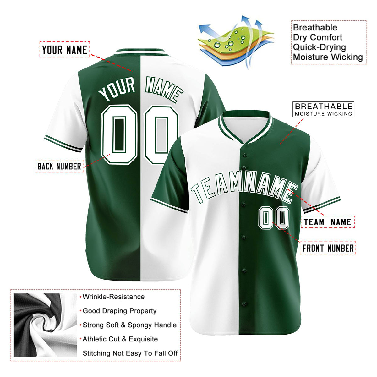 Custom White Green Authentic Split Fashion Baseball Jersey
