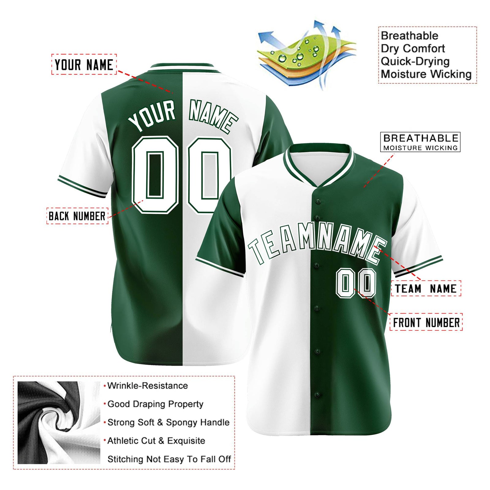 Custom White Green Authentic Split Fashion Baseball Jersey