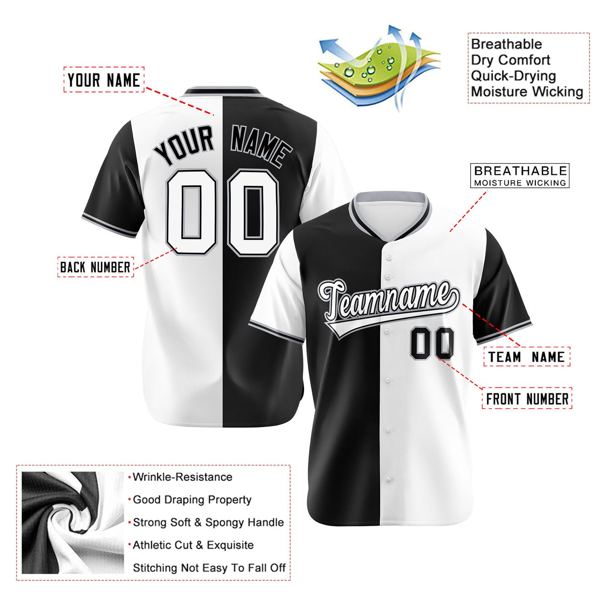 Custom Black White Authentic Split Fashion Baseball Jersey