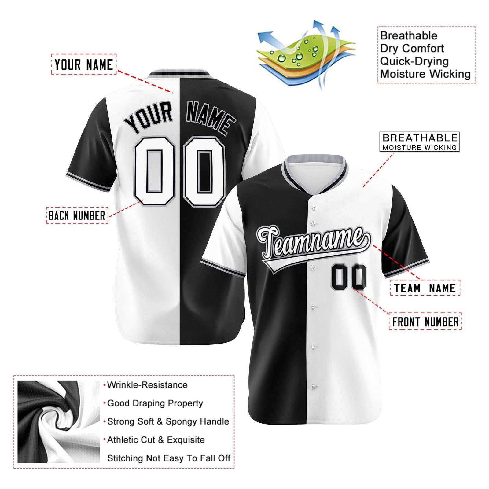 Custom Black White Authentic Split Fashion Baseball Jersey