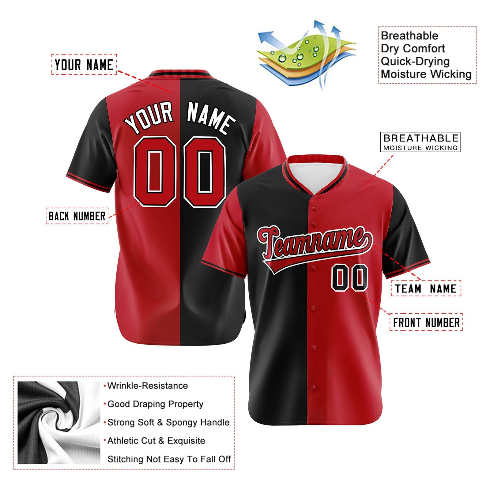 Custom Black Red Authentic Split Fashion Baseball Jersey