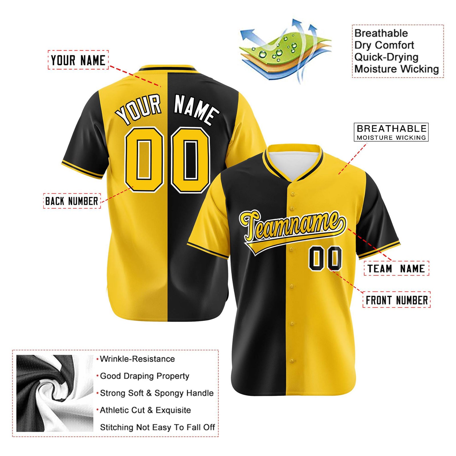 Custom Black Yellow Authentic Split Fashion Baseball Jersey