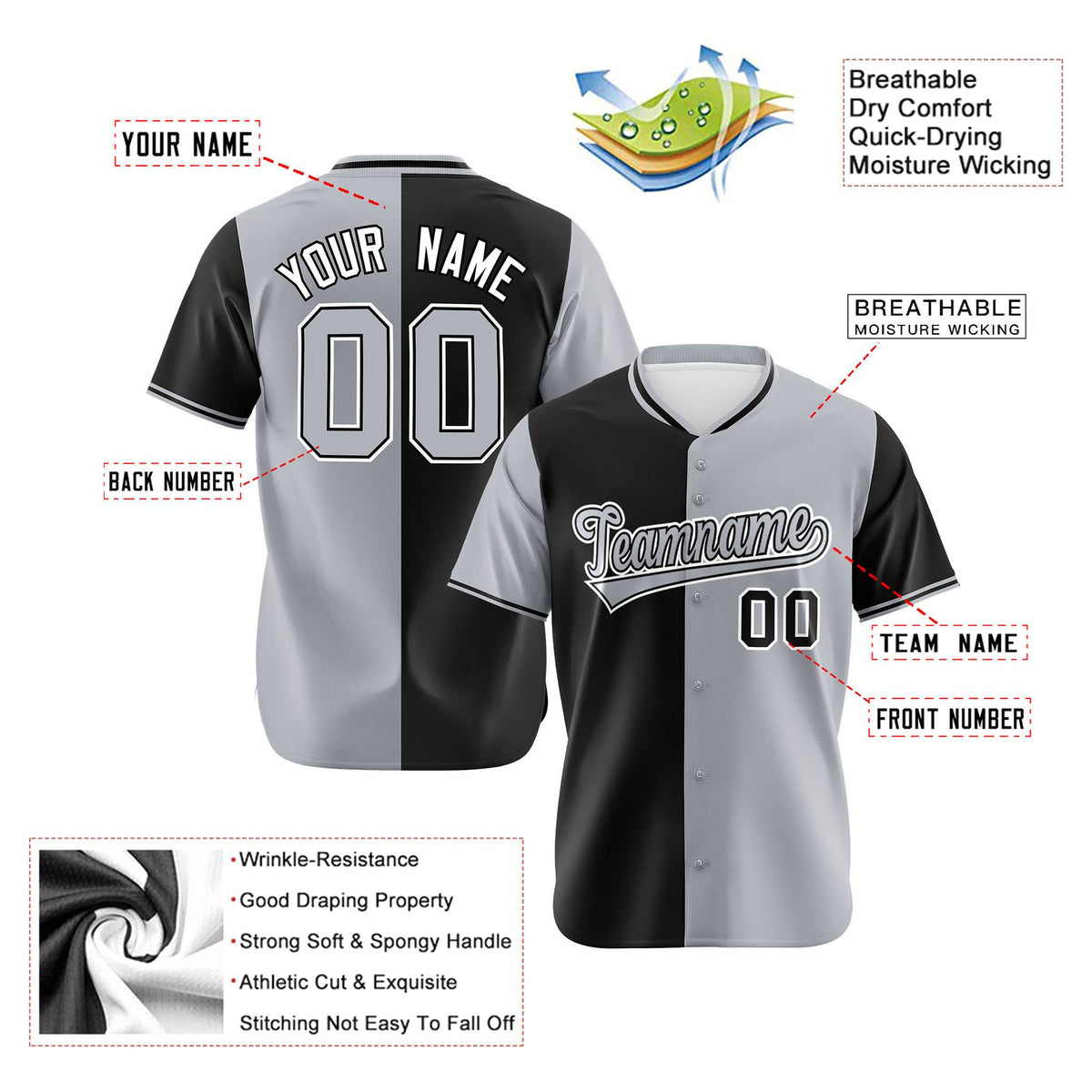 Custom Black Gray Authentic Split Fashion Baseball Jersey