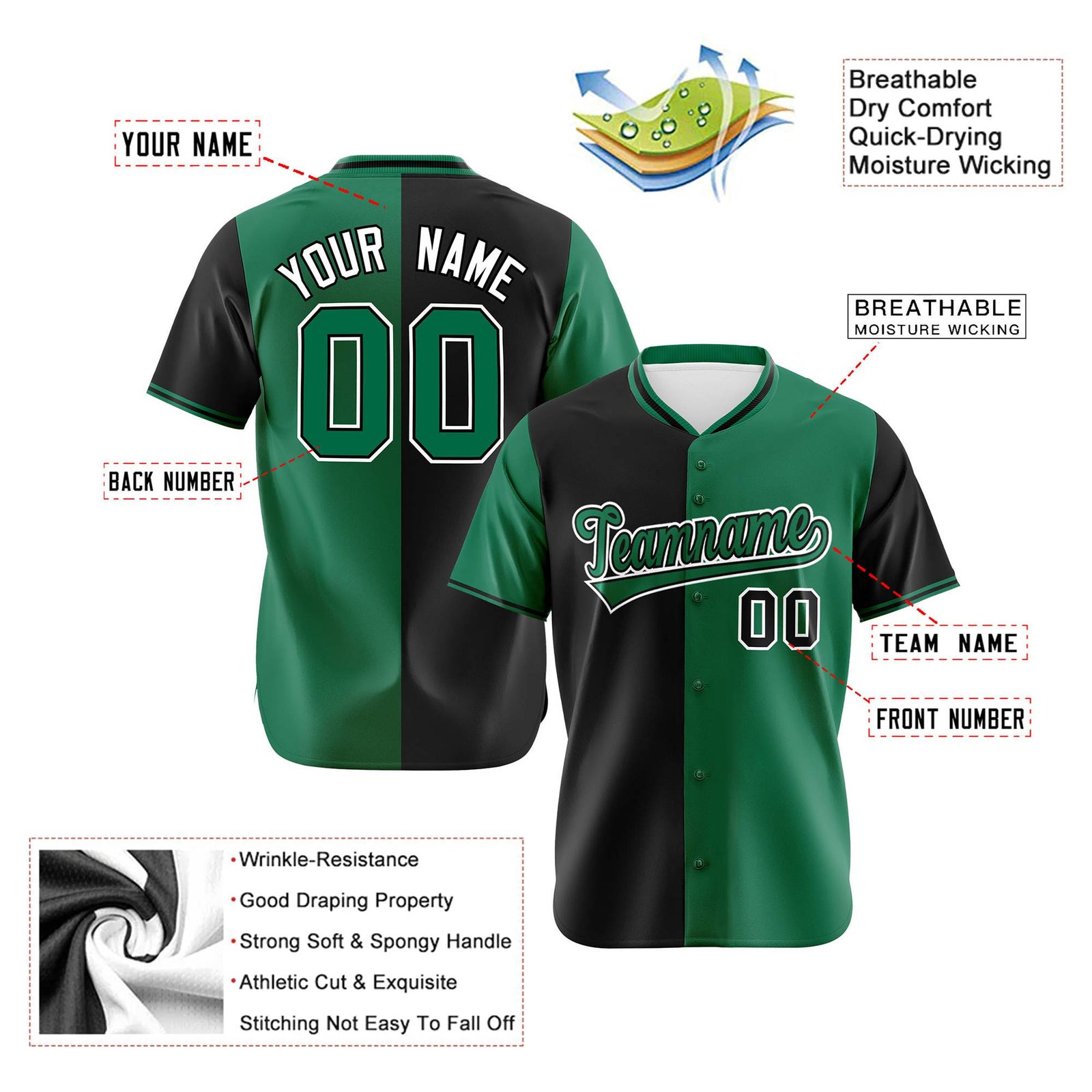 Custom Black Kelly Green Authentic Split Fashion Baseball Jersey