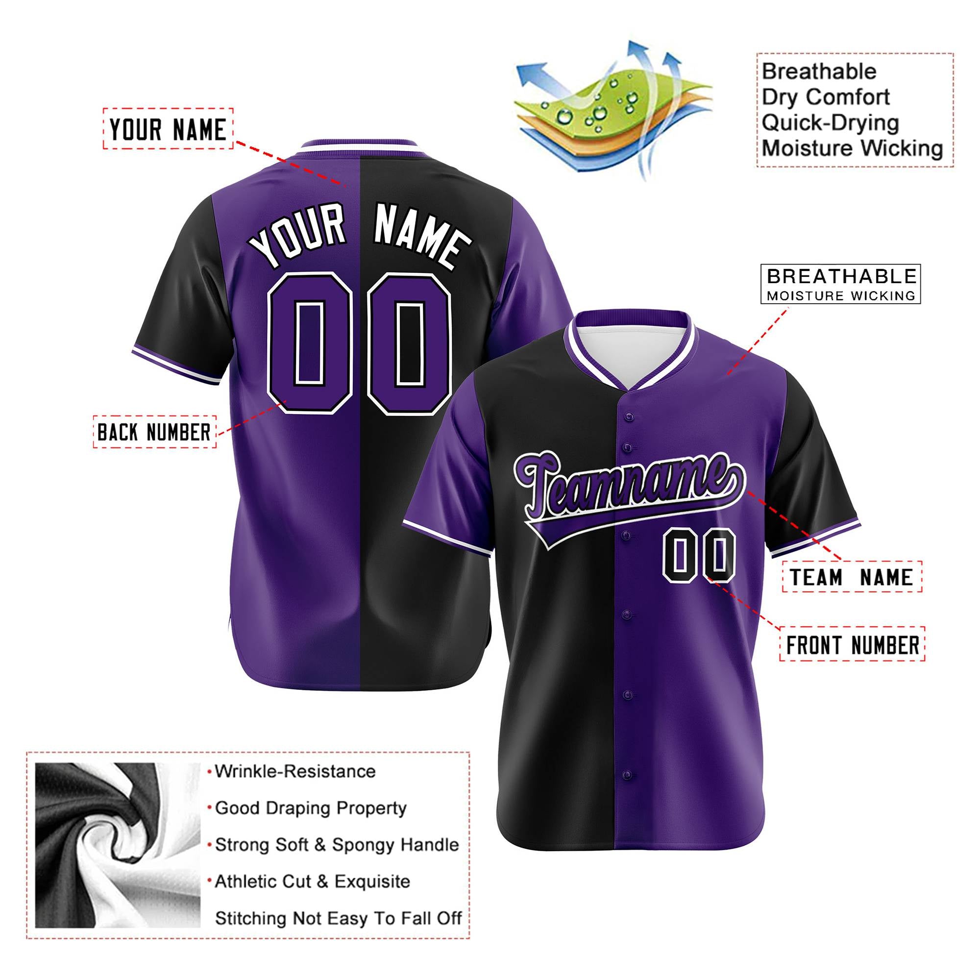 Custom Black Purple Authentic Split Fashion Baseball Jersey