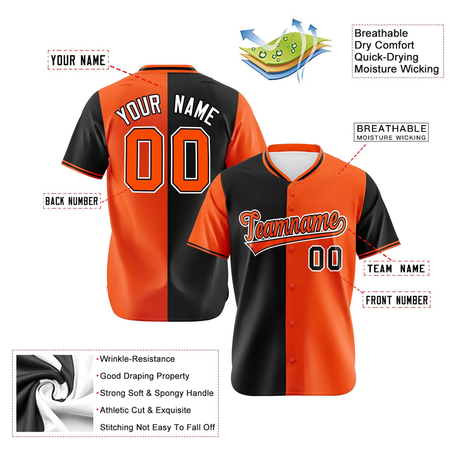 Custom Black Orange Authentic Split Fashion Baseball Jersey
