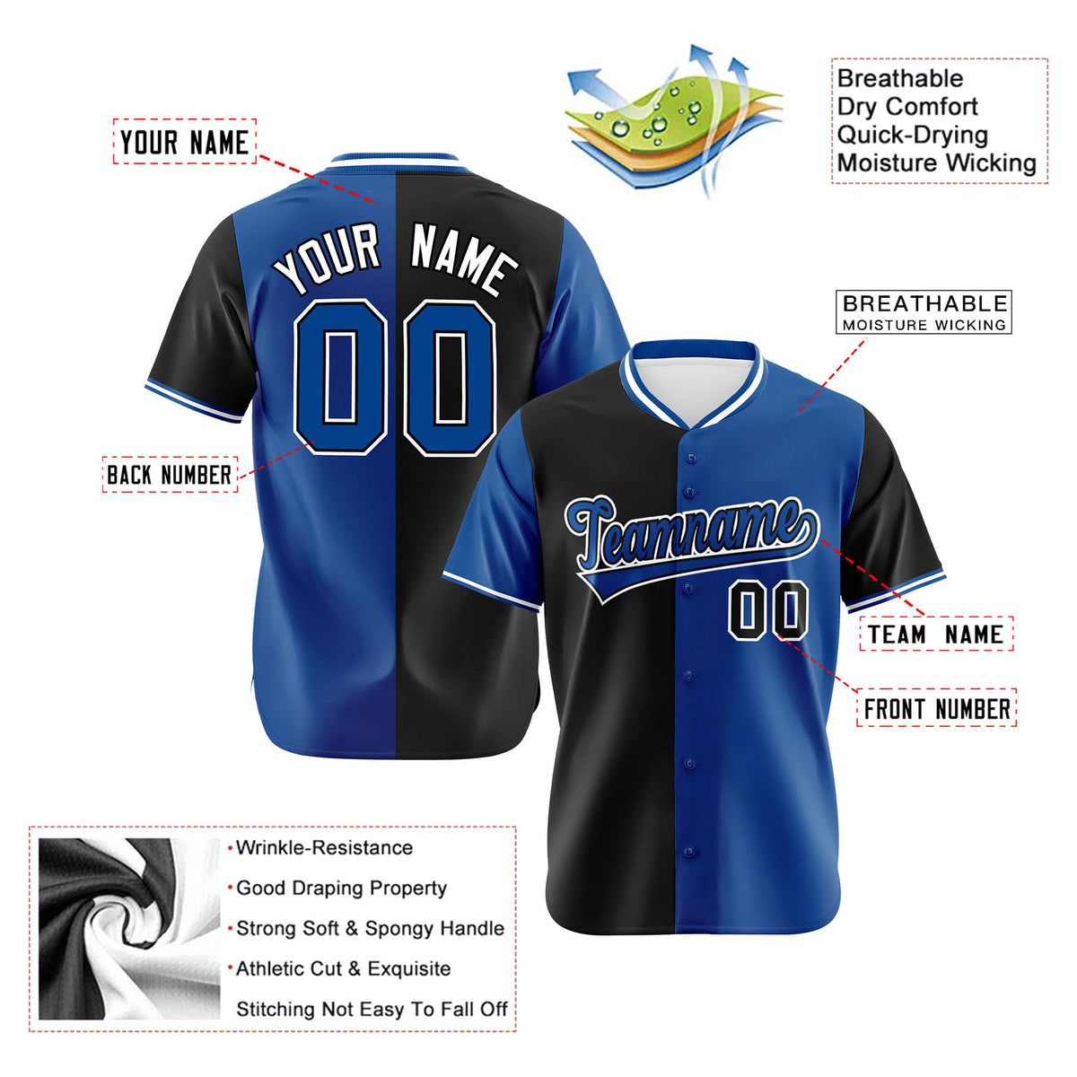 Custom Black Royal Blue Authentic Split Fashion Baseball Jersey