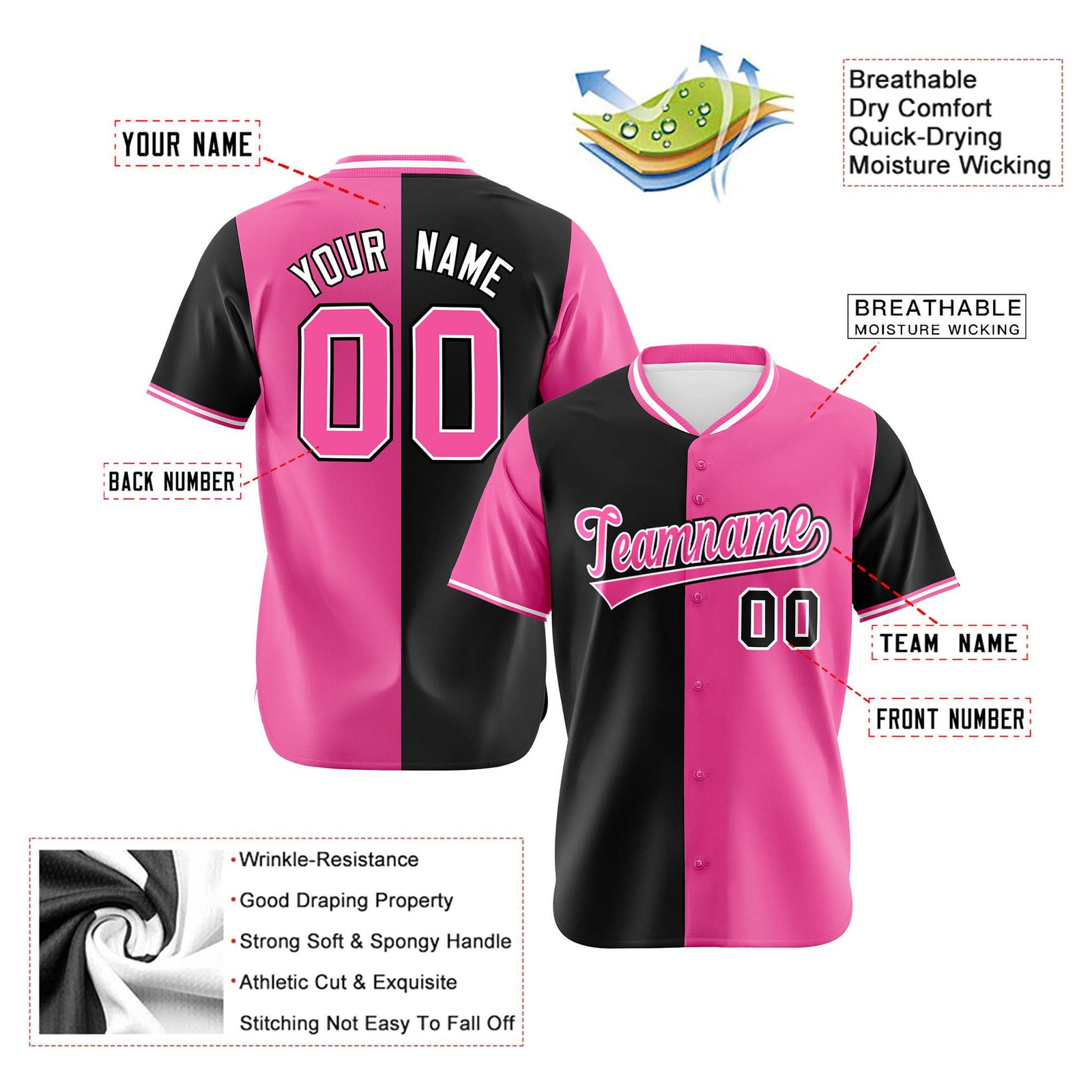 Custom Black Pink Authentic Split Fashion Baseball Jersey