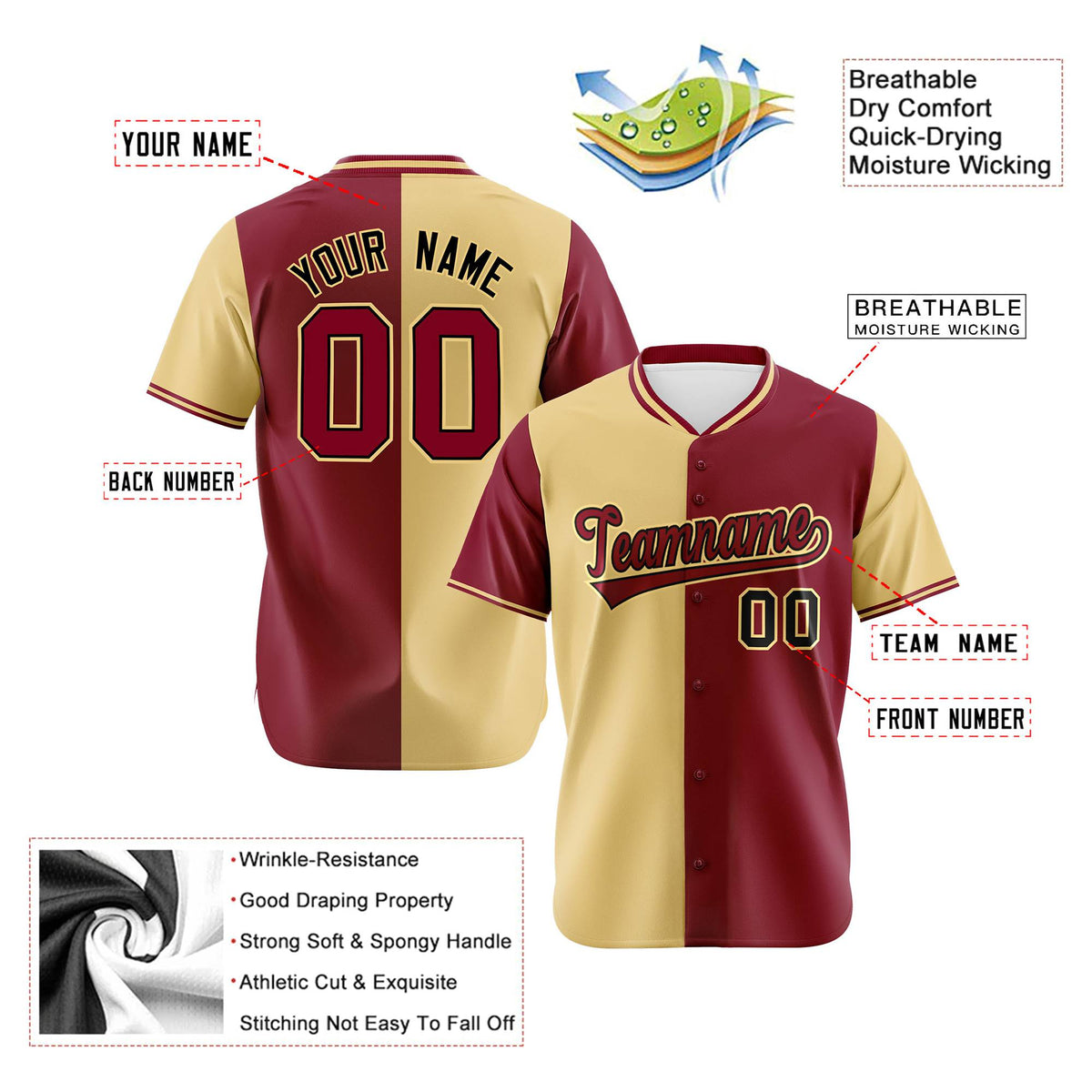 Custom Khaki Crimson Authentic Split Fashion Baseball Jersey