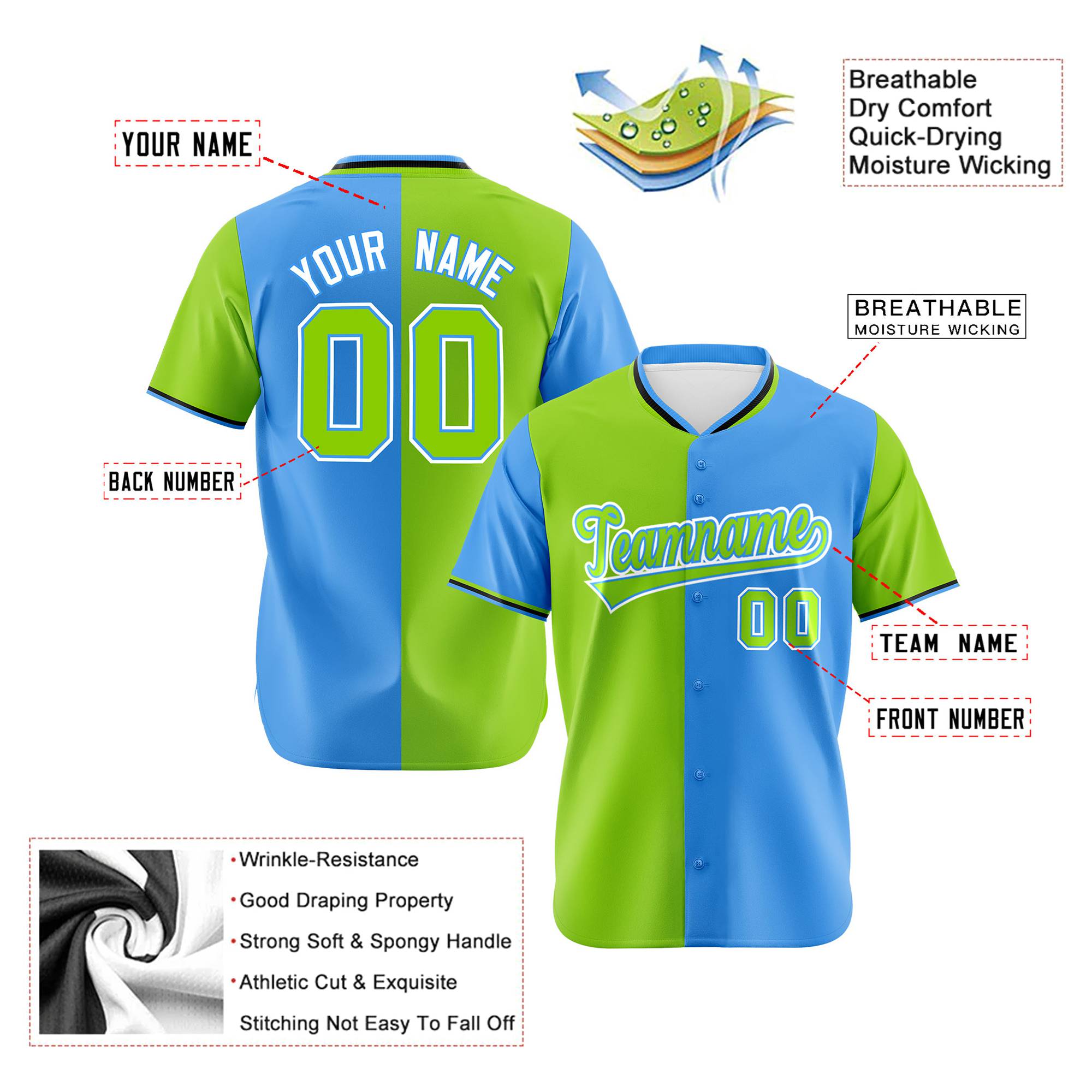 Custom Neon Green-Powder Blue Authentic Split Fashion Baseball Jersey