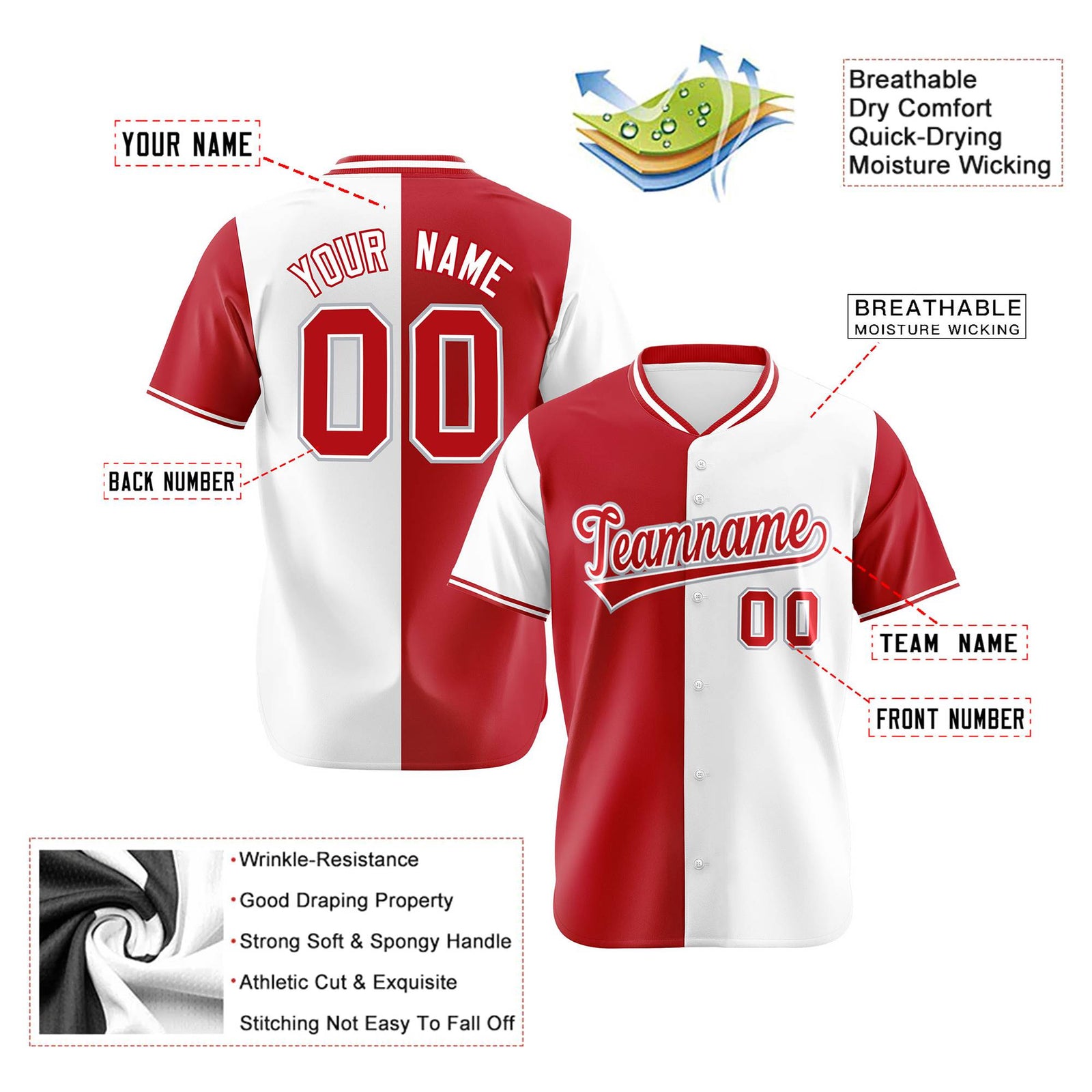 Custom Red White Authentic Split Fashion Baseball Jersey