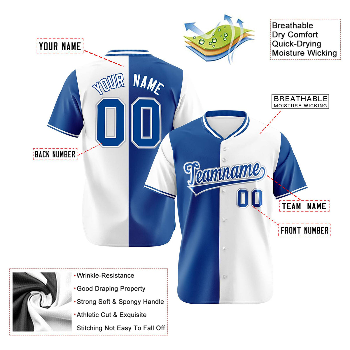 Custom Royal Blue White Authentic Split Fashion Baseball Jersey
