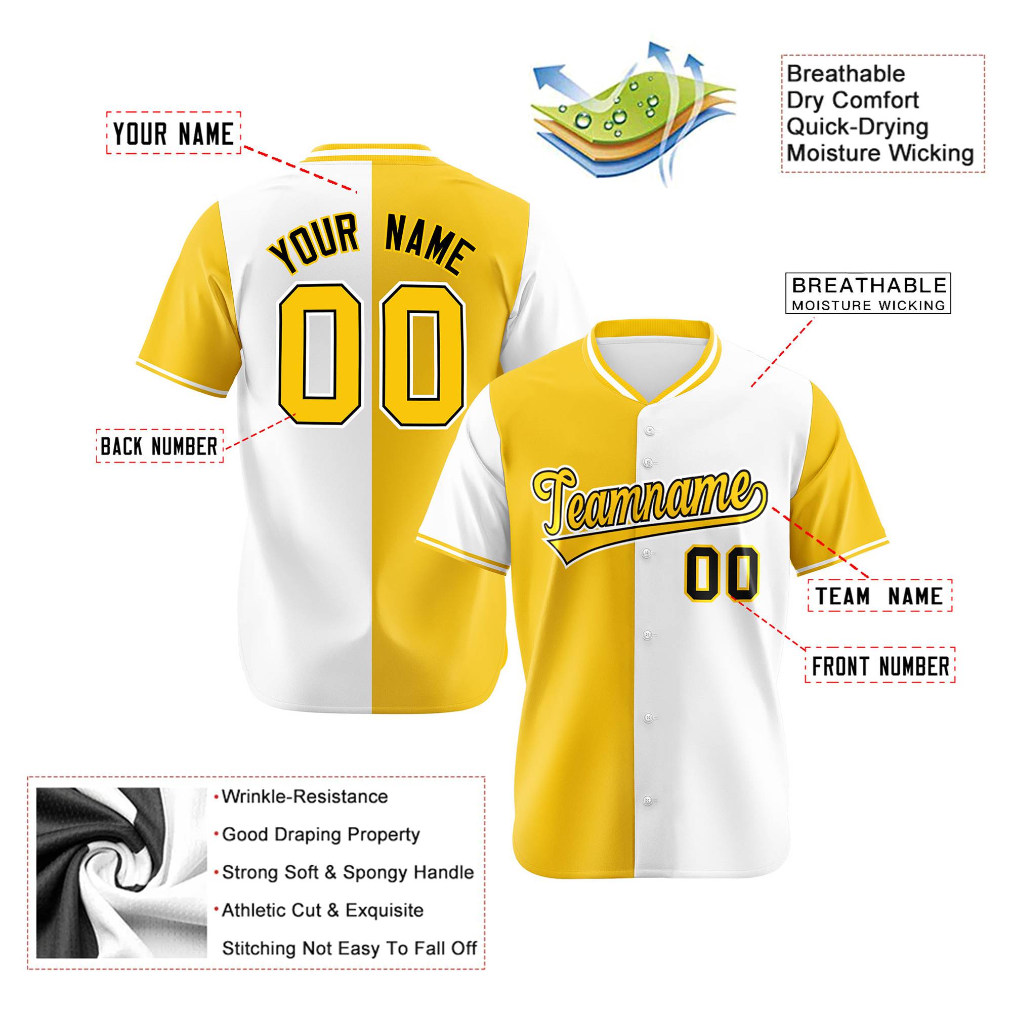 Custom Gold White Authentic Split Fashion Baseball Jersey