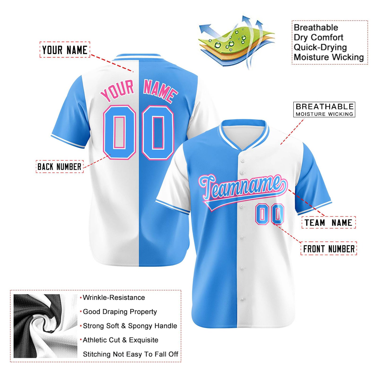 Custom Powder Blue White Authentic Split Fashion Baseball Jersey