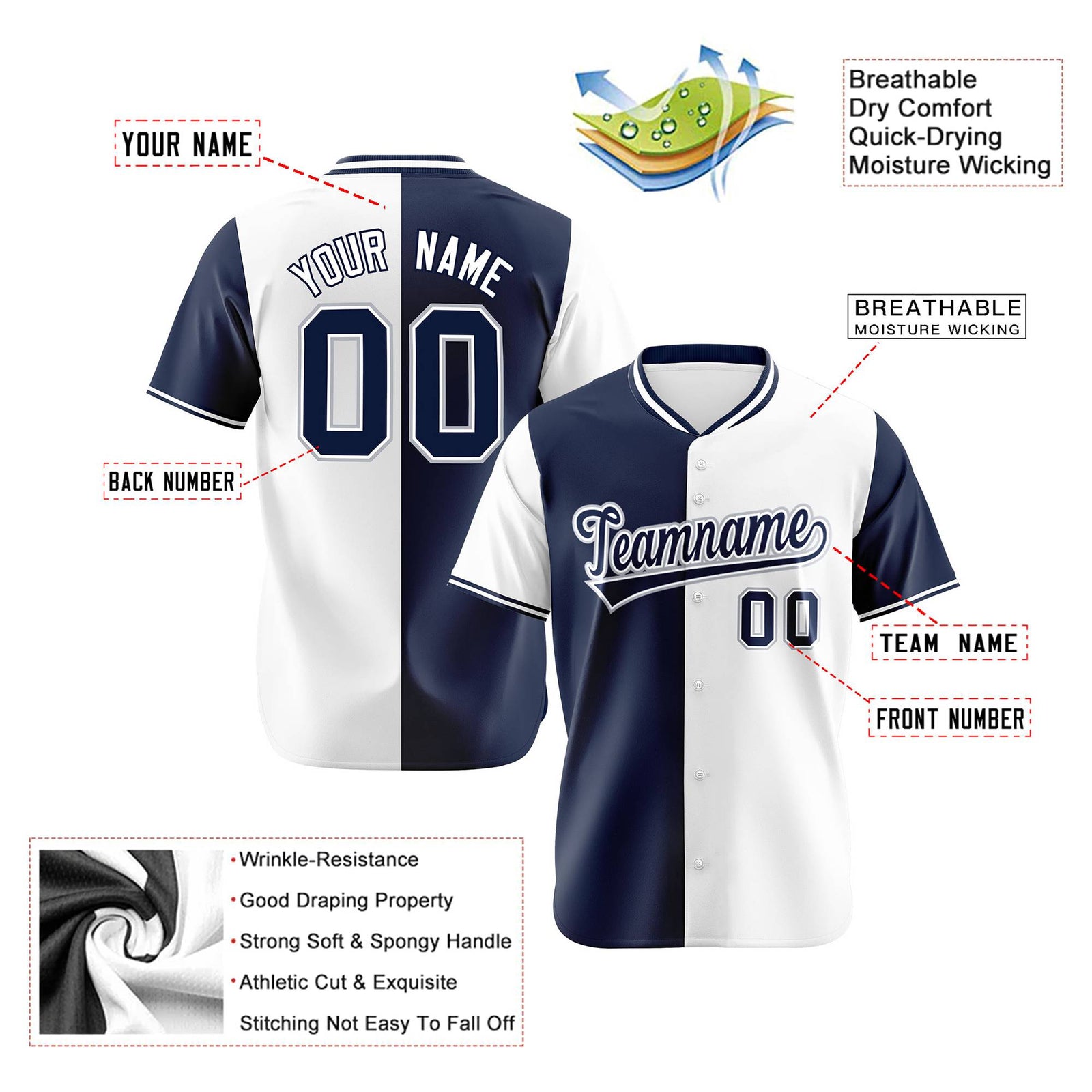 Custom Navy White Authentic Split Fashion Baseball Jersey