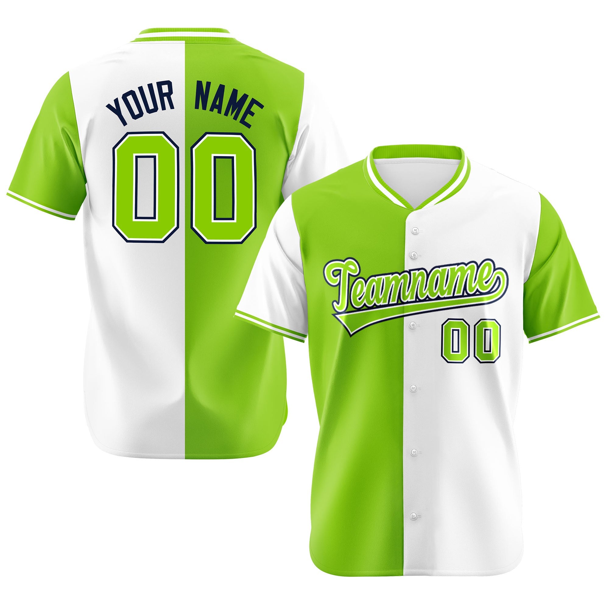 Custom Neon Green White Authentic Split Fashion Baseball Jersey