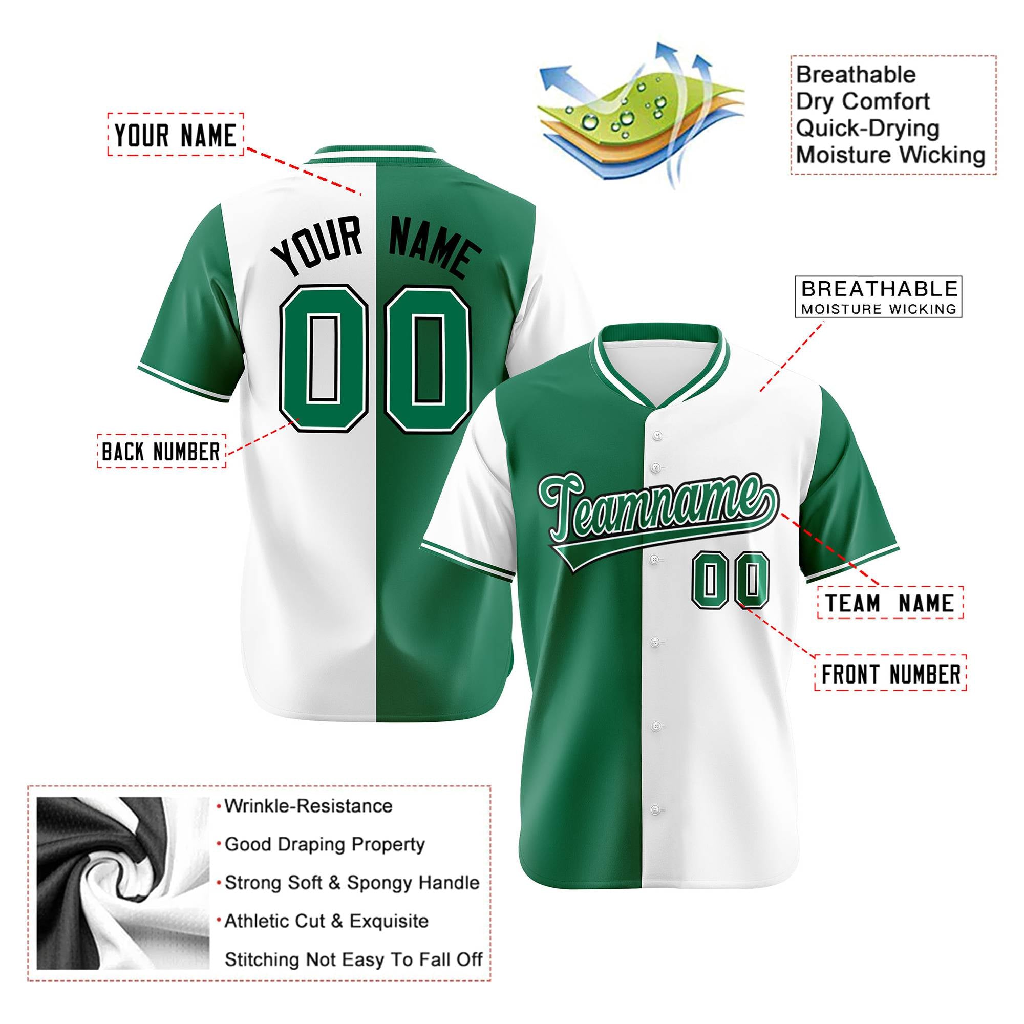 Custom Kelly Green White Authentic Split Fashion Baseball Jersey