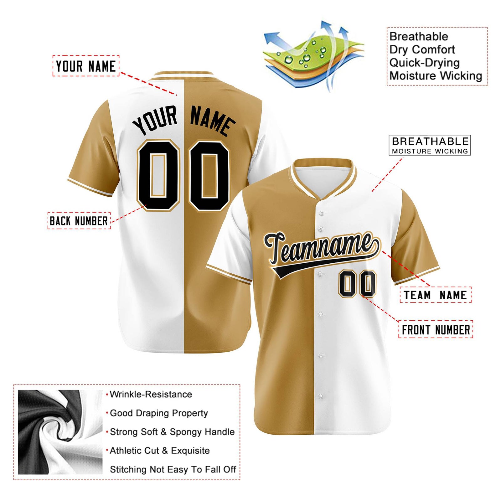 Custom Old Gold White Authentic Split Fashion Baseball Jersey