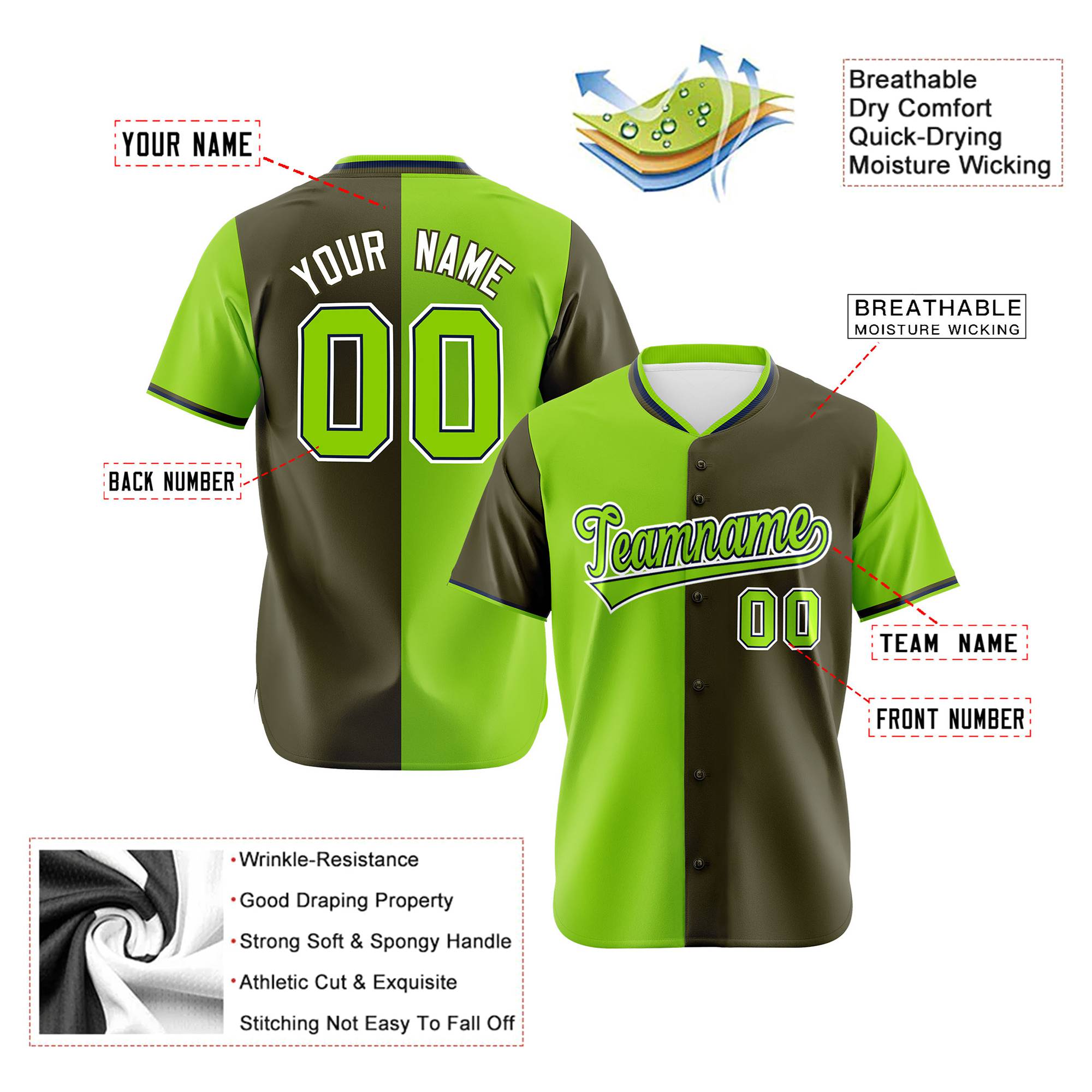 Custom Neon Green Olive Authentic Split Fashion Baseball Jersey