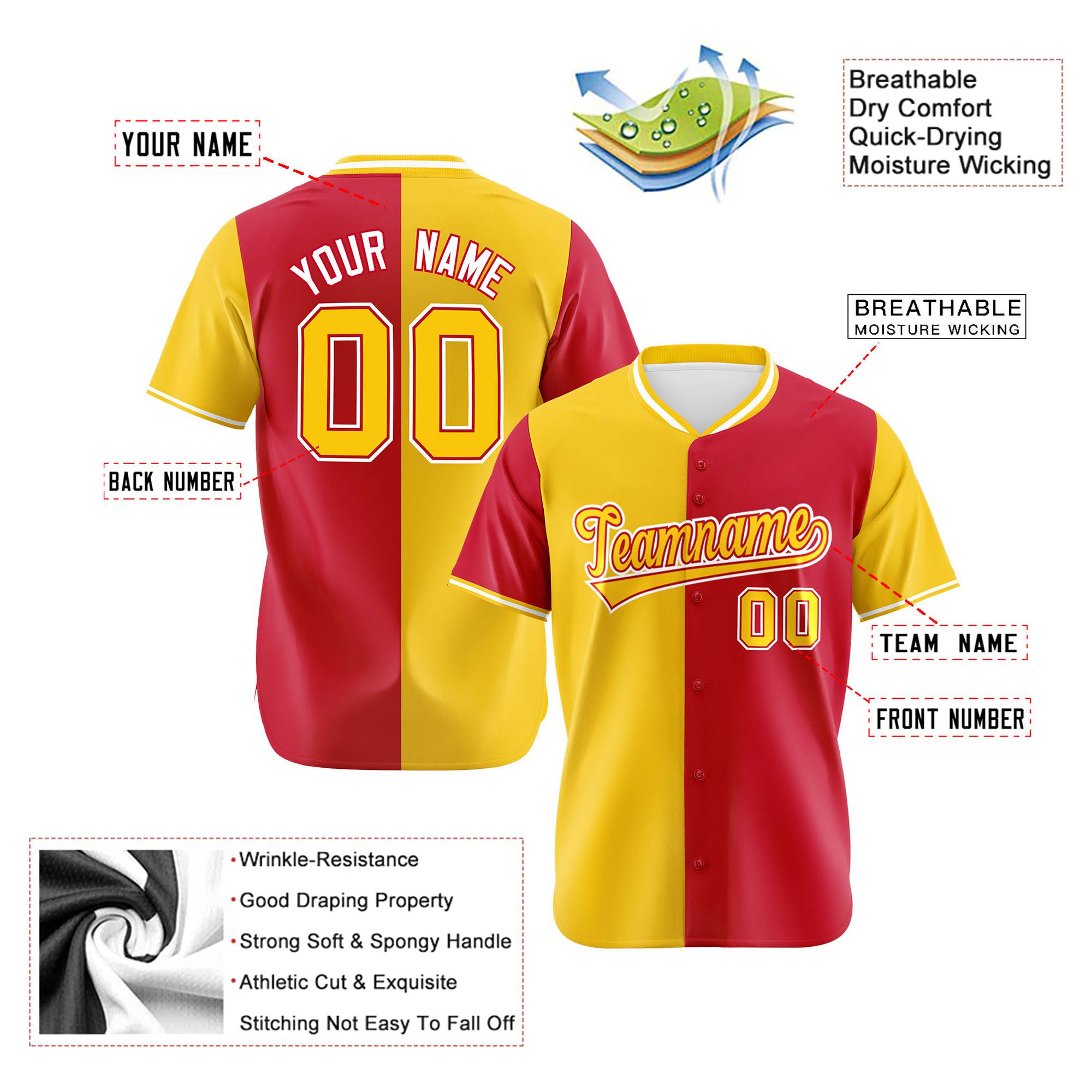 Custom Yellow Red Authentic Split Fashion Baseball Jersey