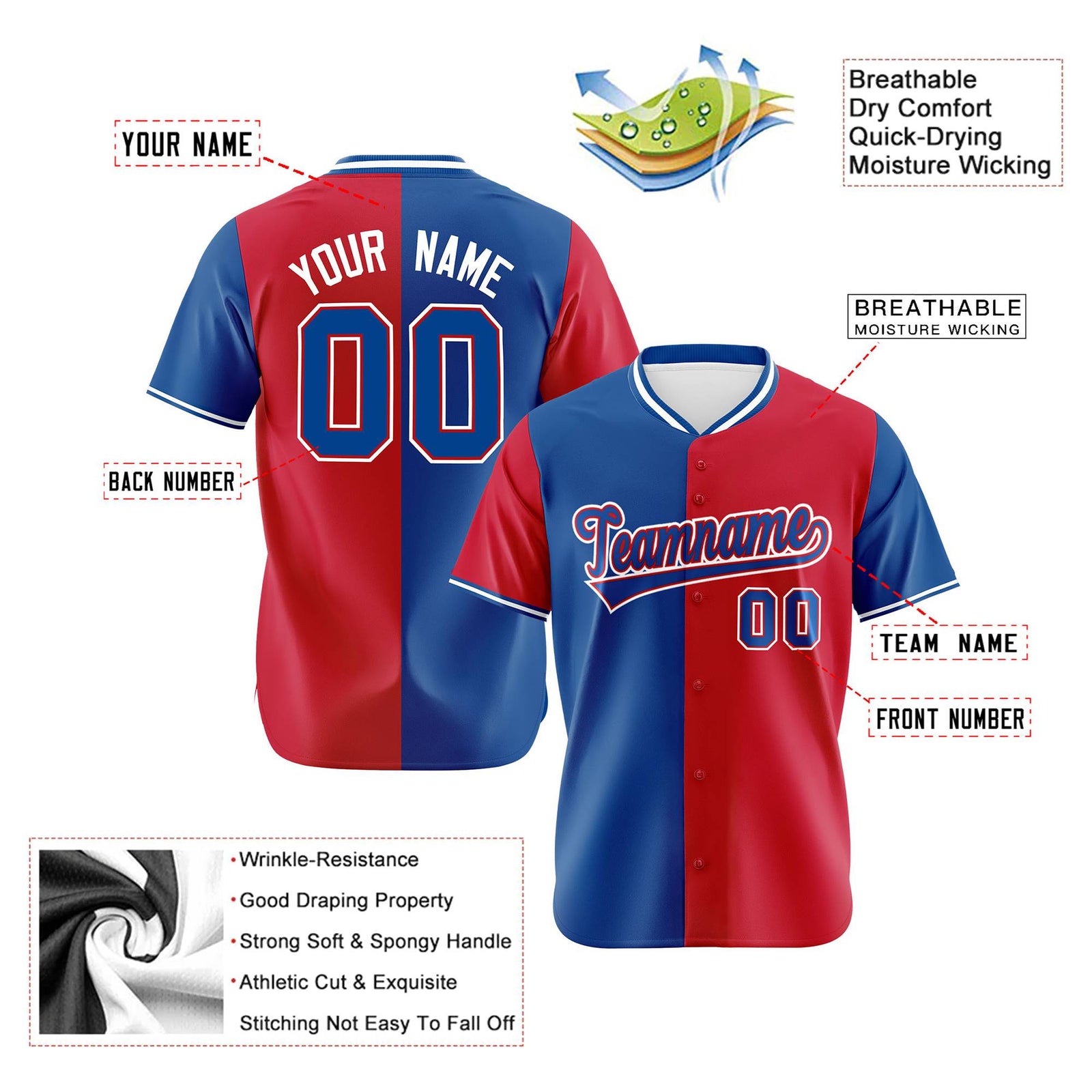 Custom Royal Blue Red Authentic Split Fashion Baseball Jersey