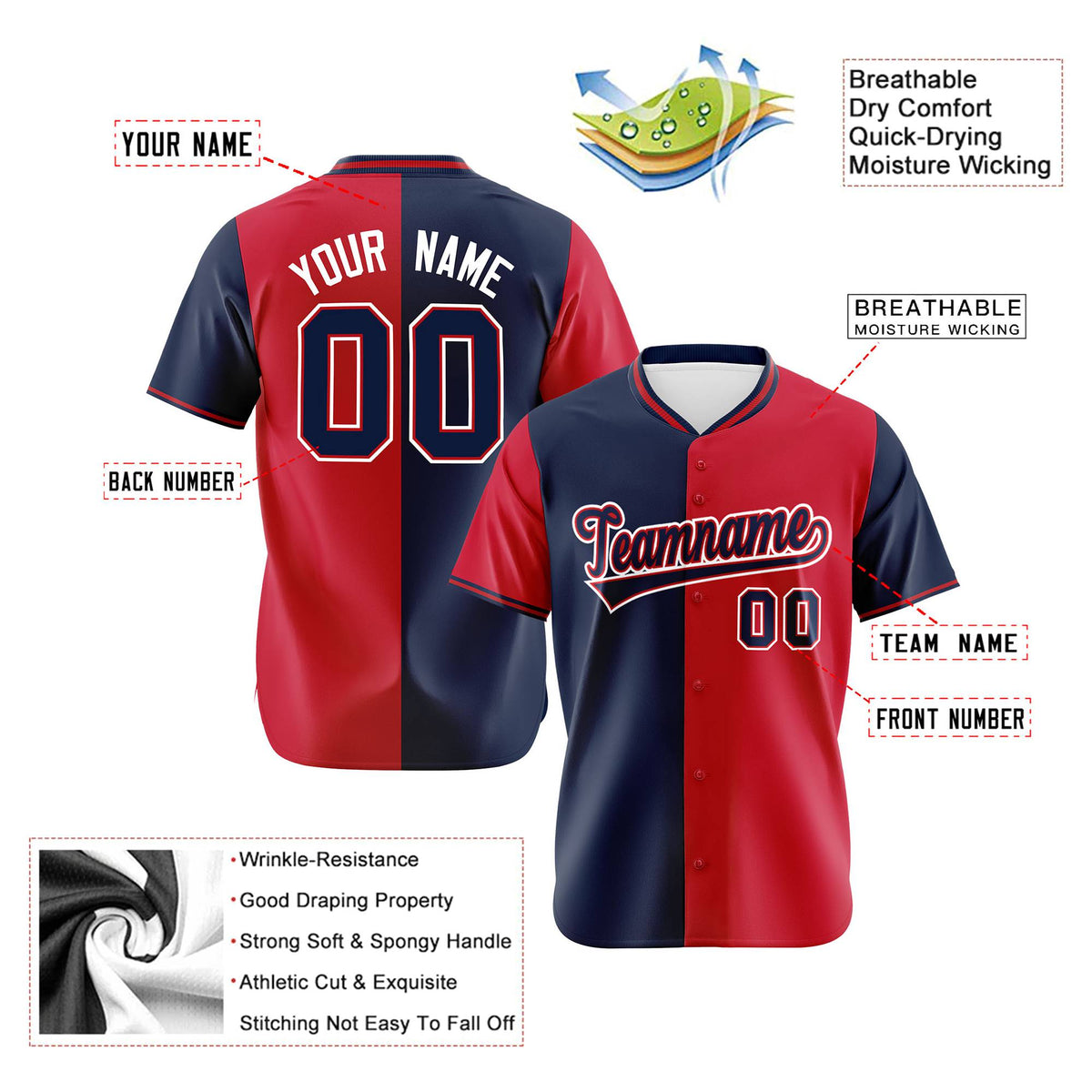 Custom Navy Red Authentic Split Fashion Baseball Jersey