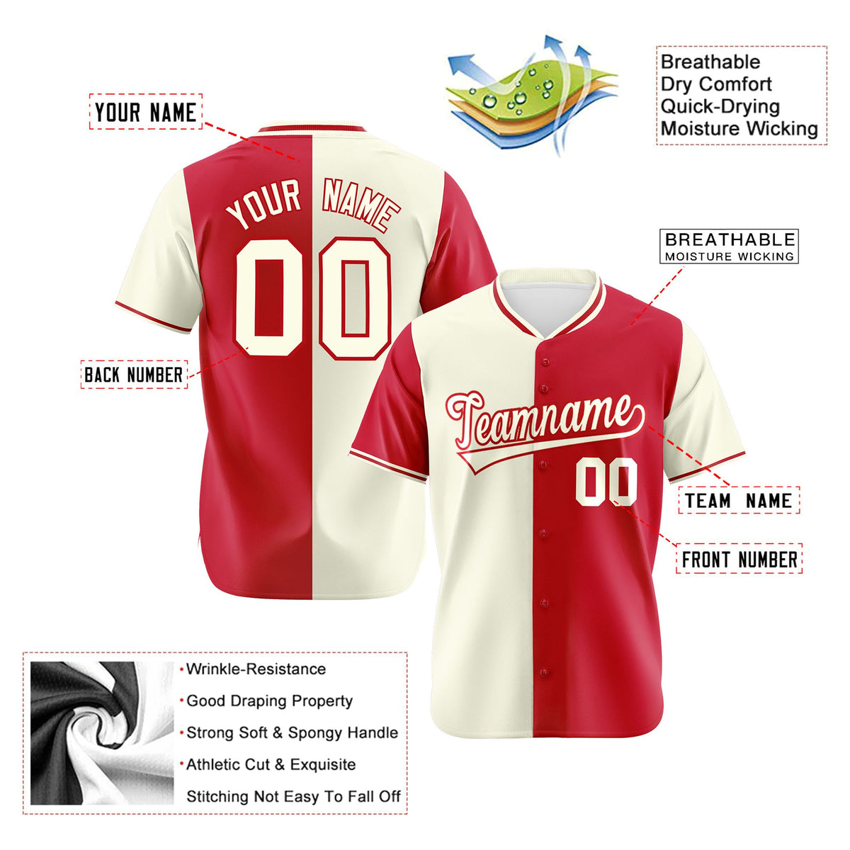 Custom Cream Red Authentic Split Fashion Baseball Jersey