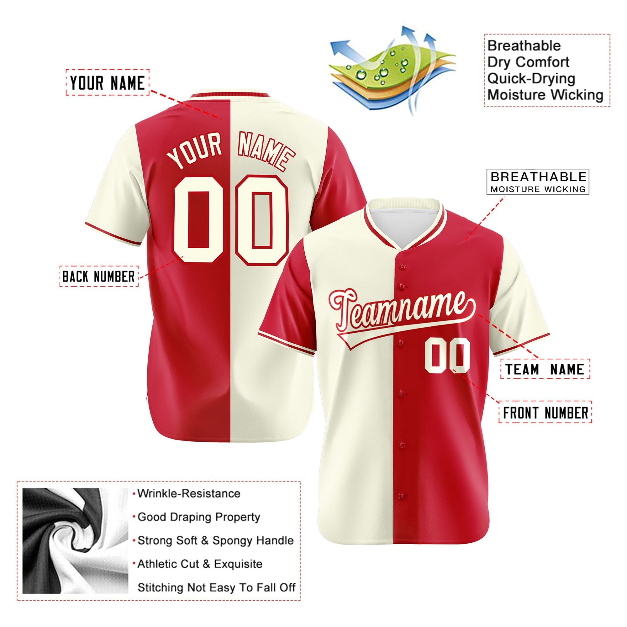 Custom Cream Red Authentic Split Fashion Baseball Jersey