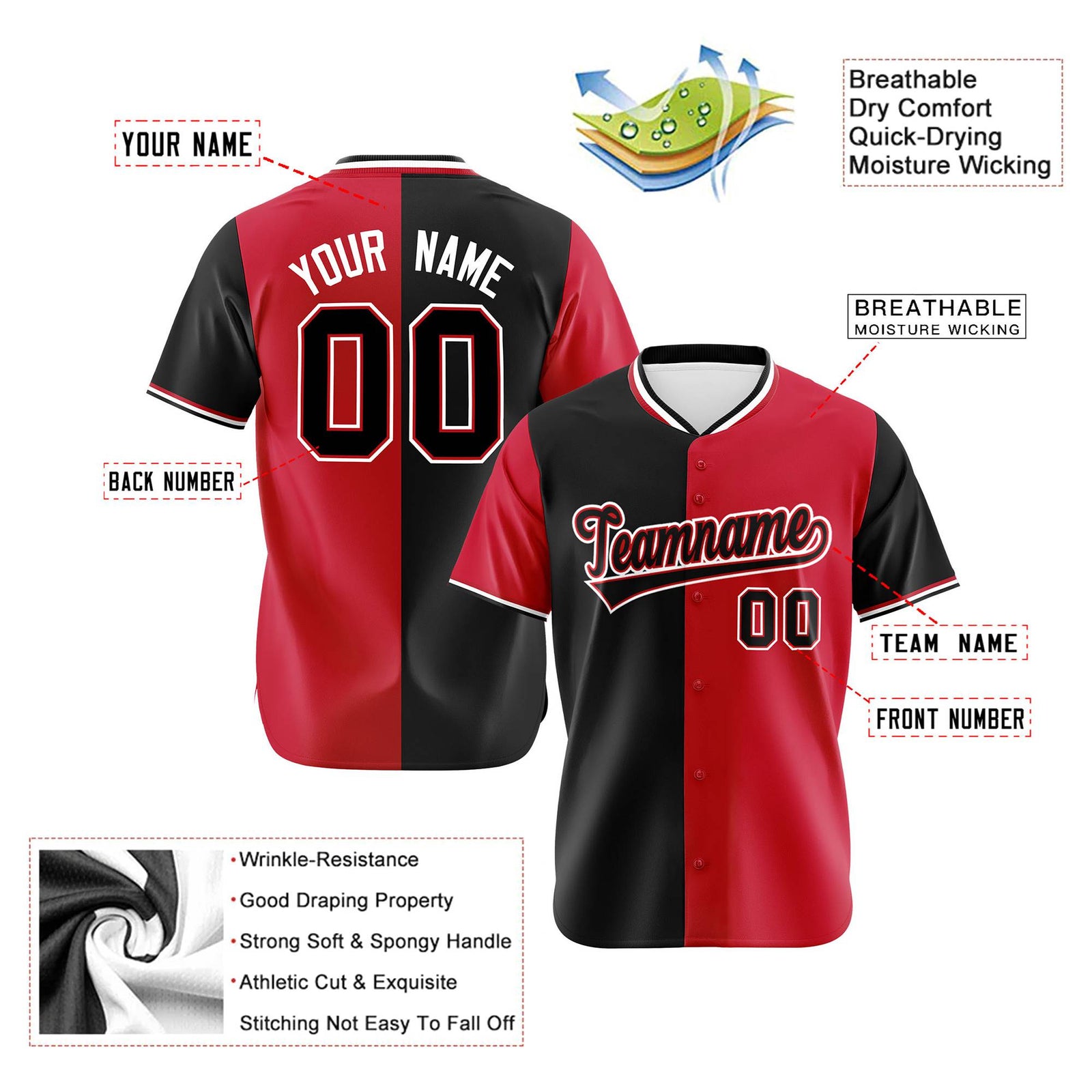 Custom Black Red Authentic Split Fashion Baseball Jersey