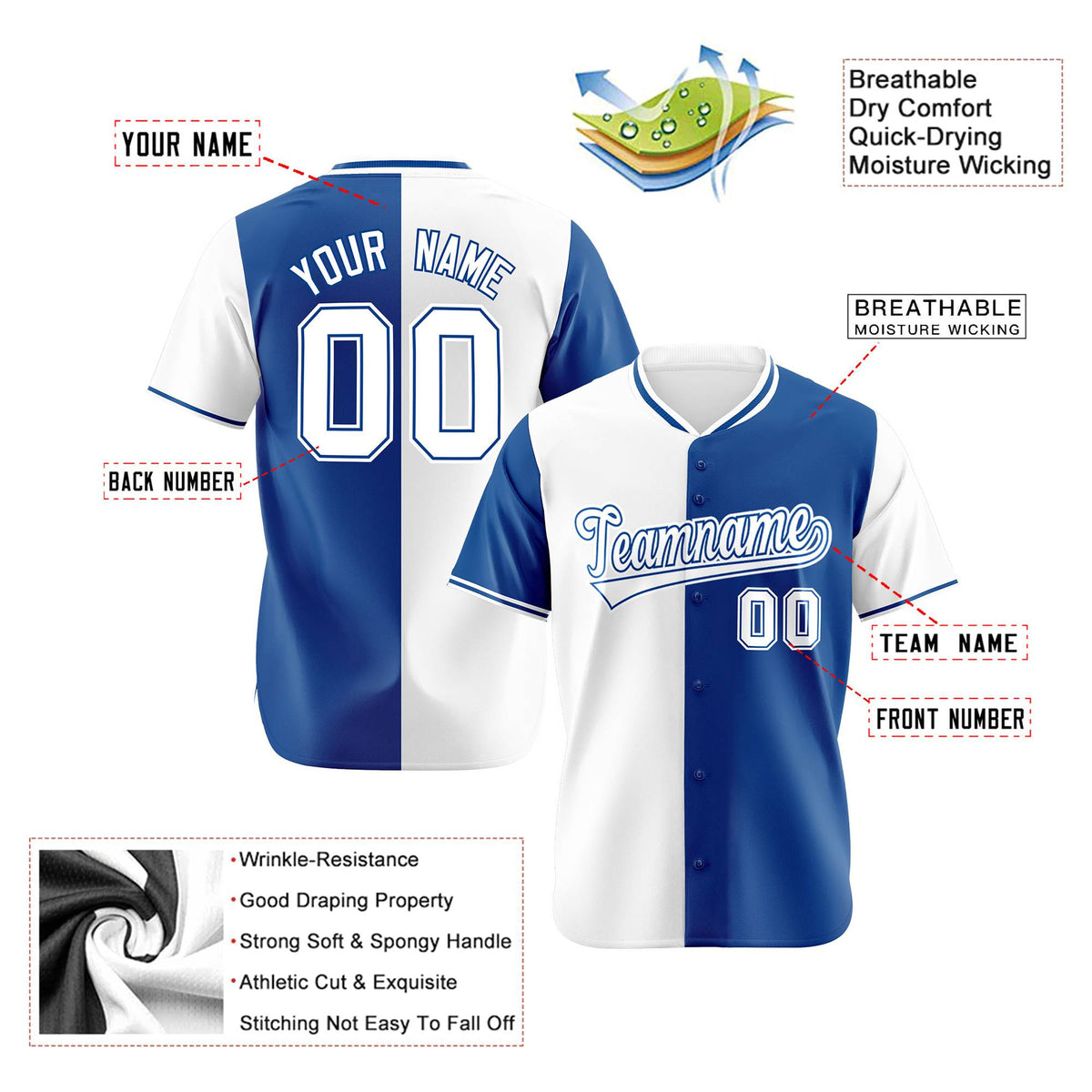 Custom White Royal Blue Authentic Split Fashion Baseball Jersey