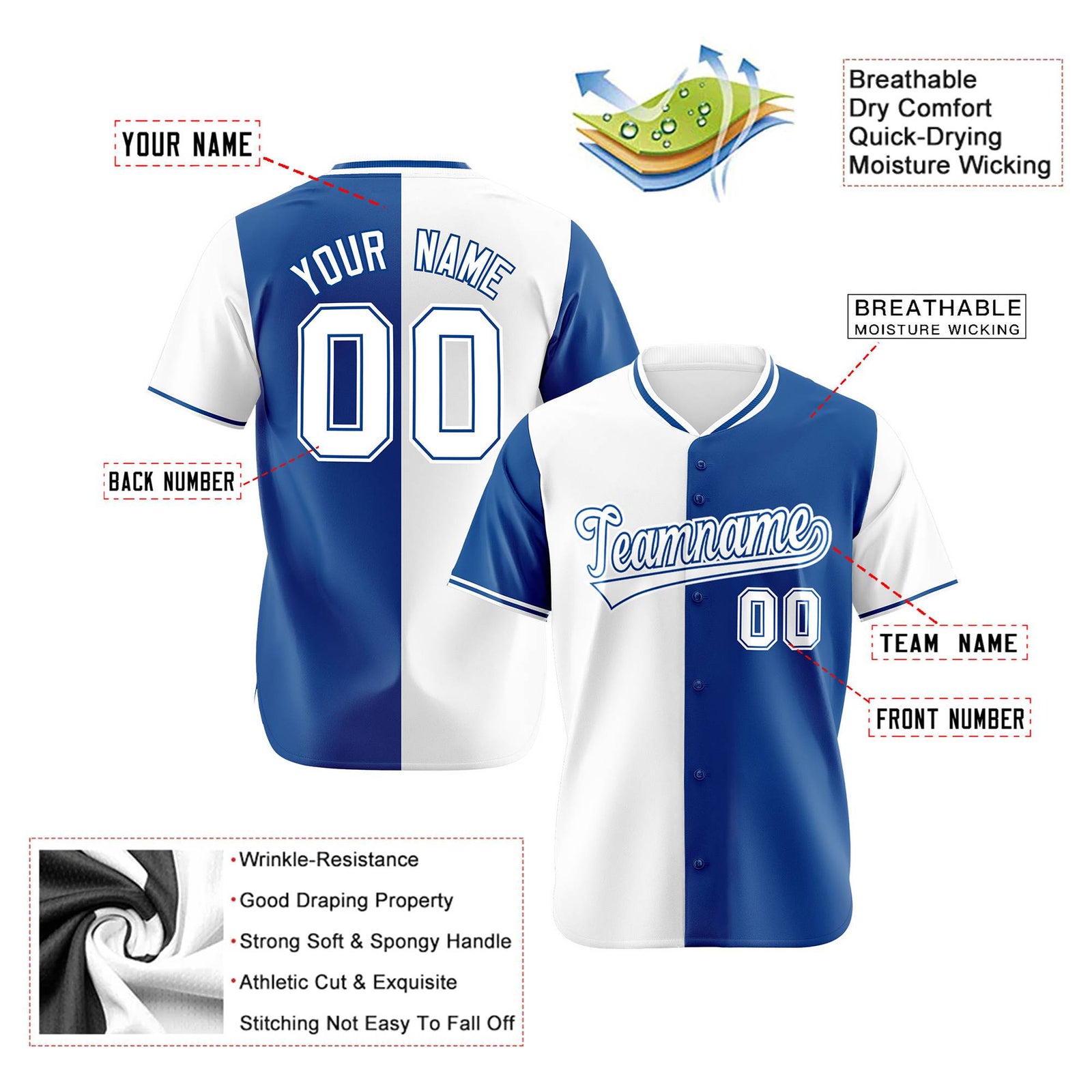 Custom White Royal Blue Authentic Split Fashion Baseball Jersey