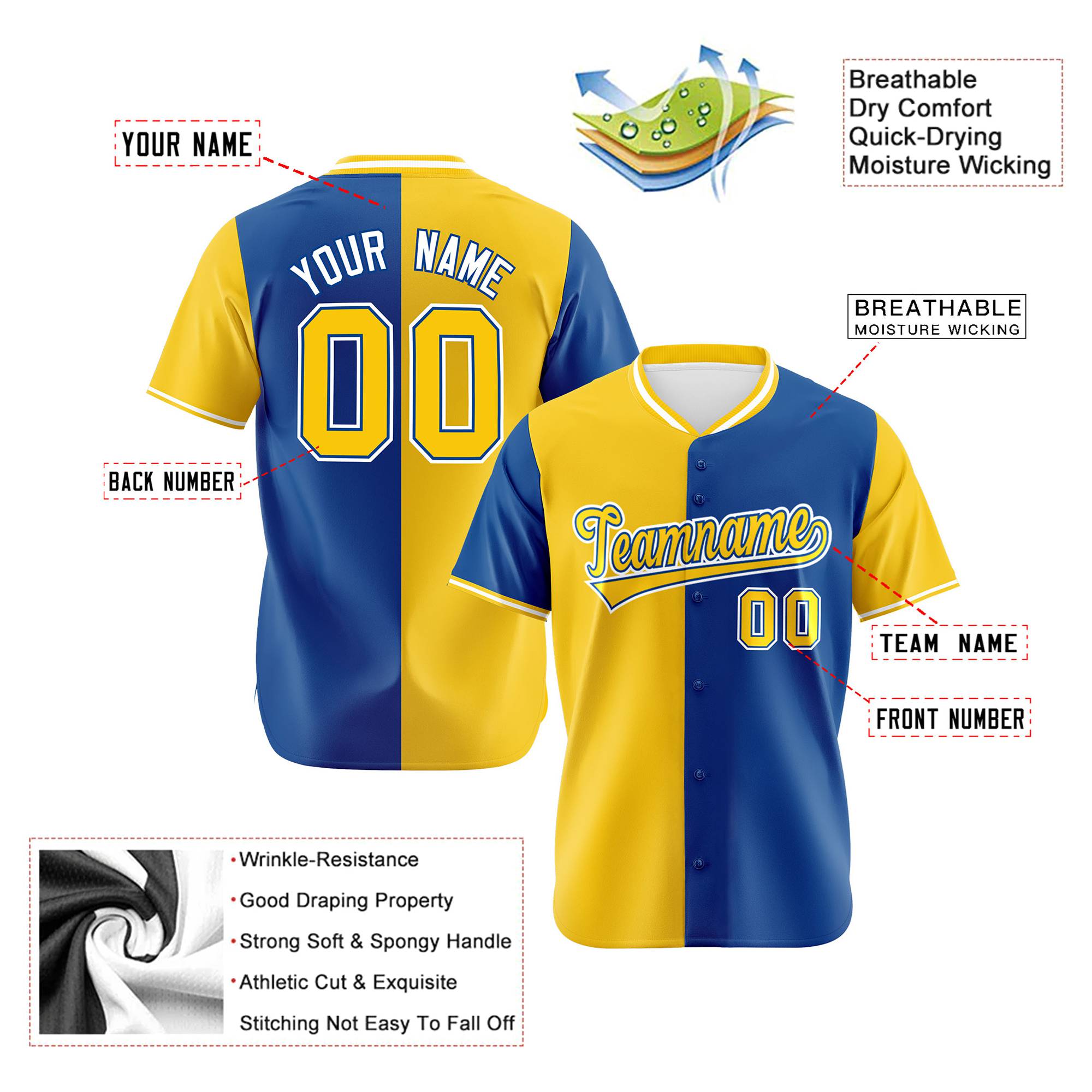 Custom Yellow Royal Blue Authentic Split Fashion Baseball Jersey