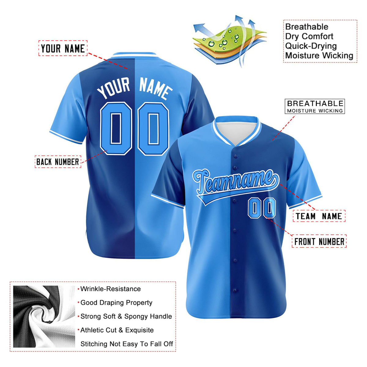 Custom Powder Blue-Royal Blue Authentic Split Fashion Baseball Jersey
