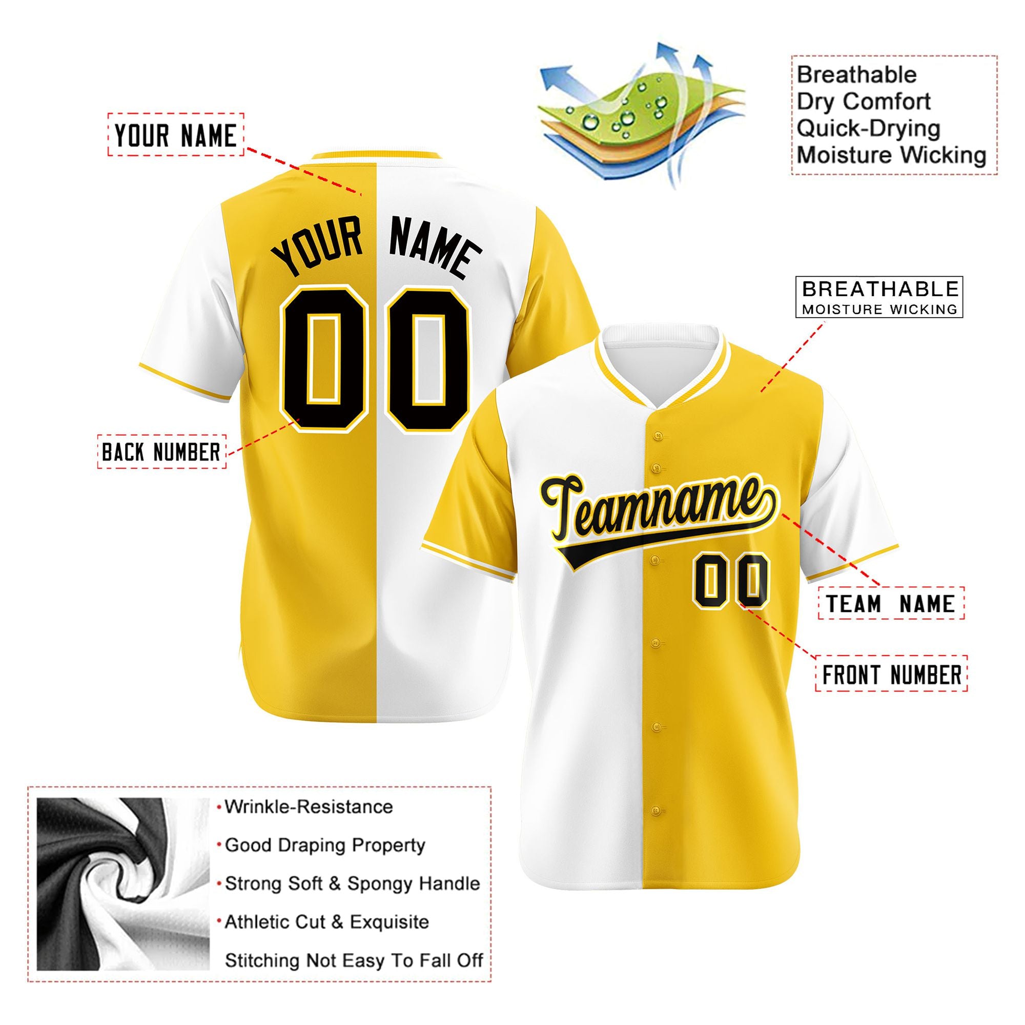 Custom White Gold Authentic Split Fashion Baseball Jersey