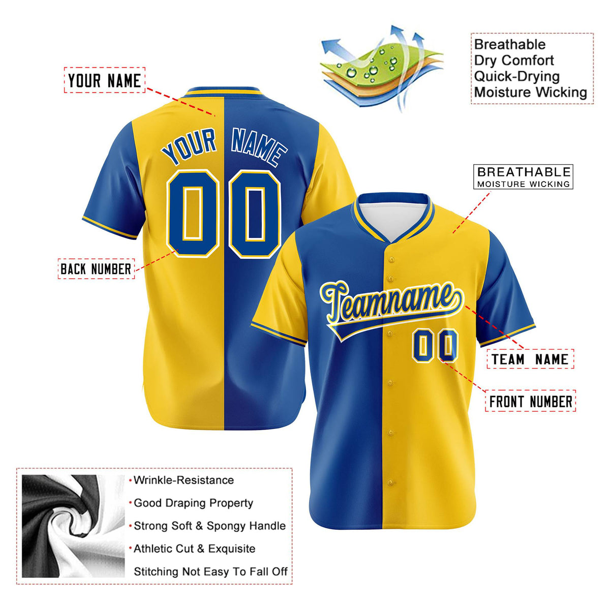 Custom Royal Blue Gold Authentic Split Fashion Baseball Jersey