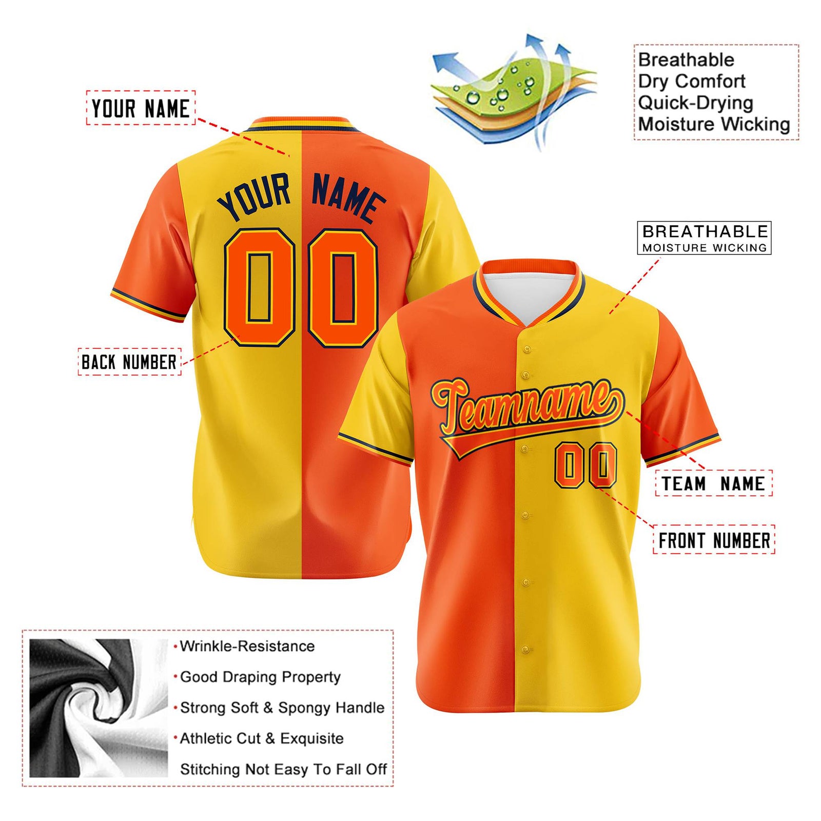 Custom Orange Gold Authentic Split Fashion Baseball Jersey