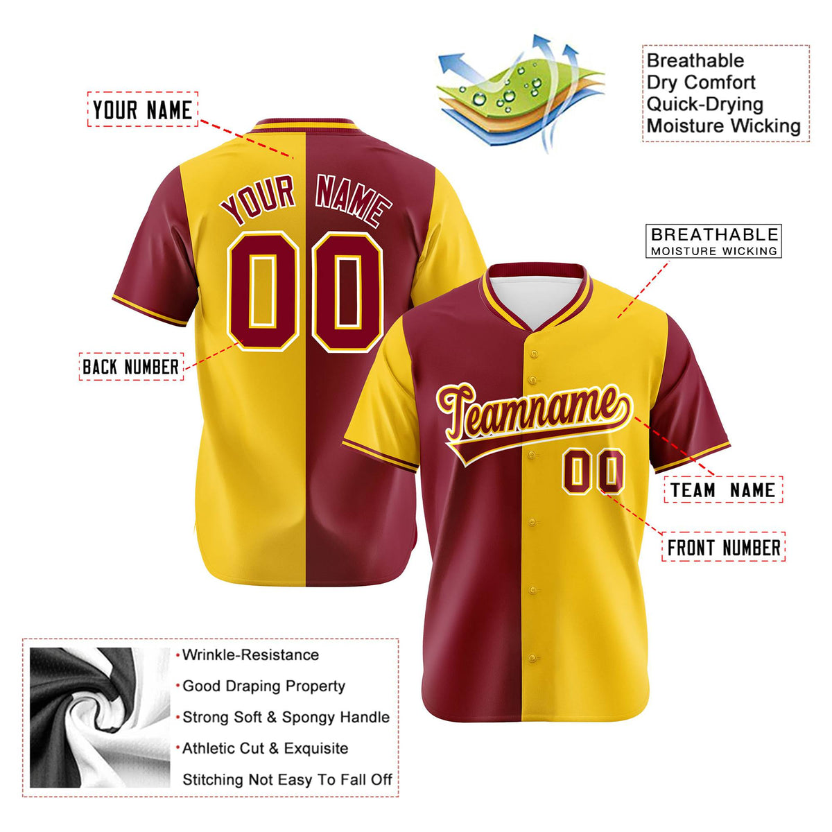 Custom Crimson Gold Authentic Split Fashion Baseball Jersey