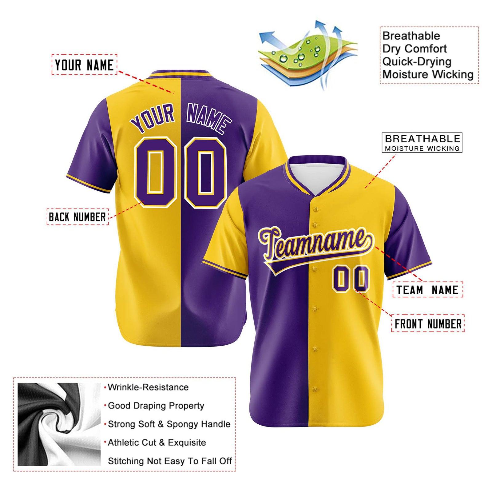 Custom Purple Gold Authentic Split Fashion Baseball Jersey