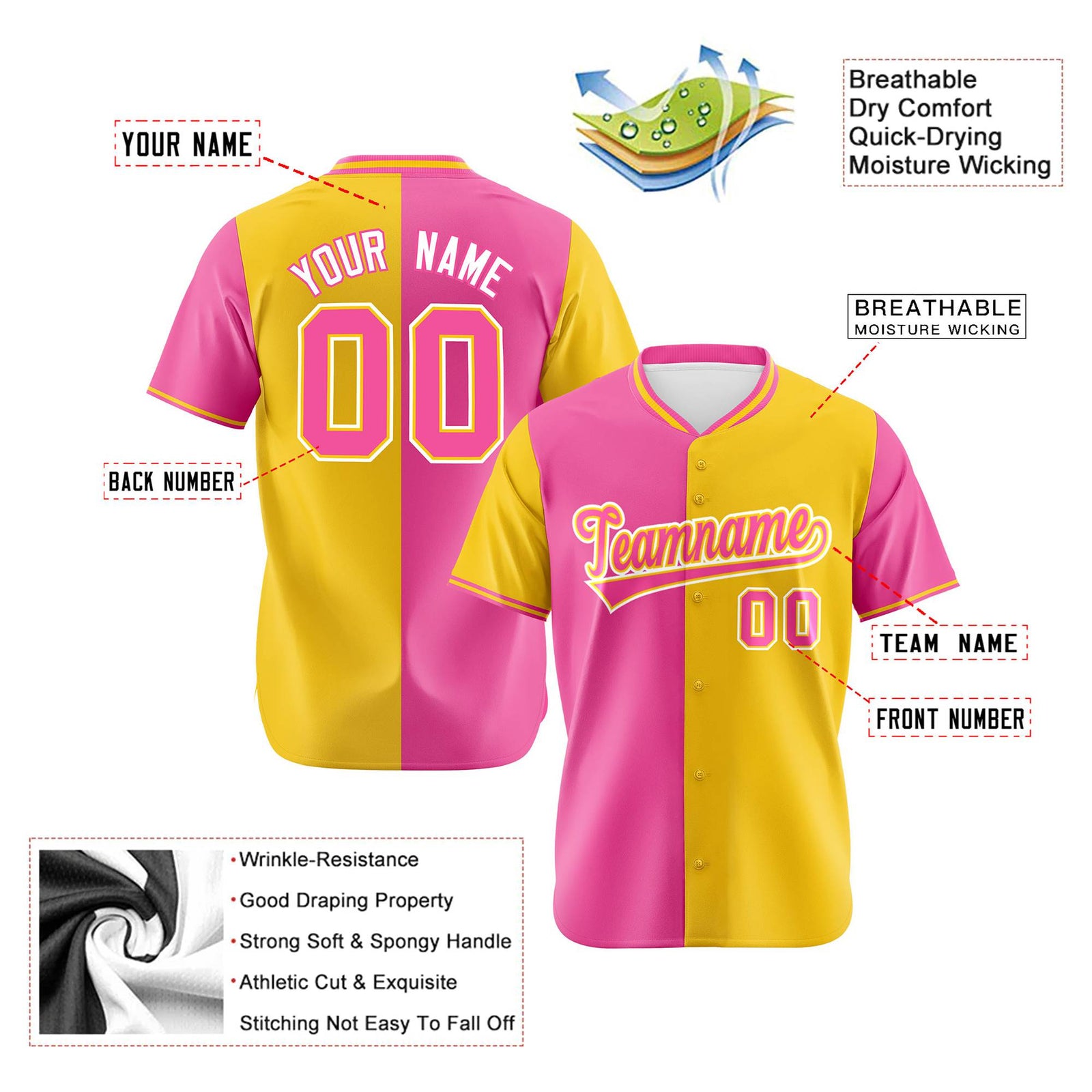 Custom Pink Gold Authentic Split Fashion Baseball Jersey