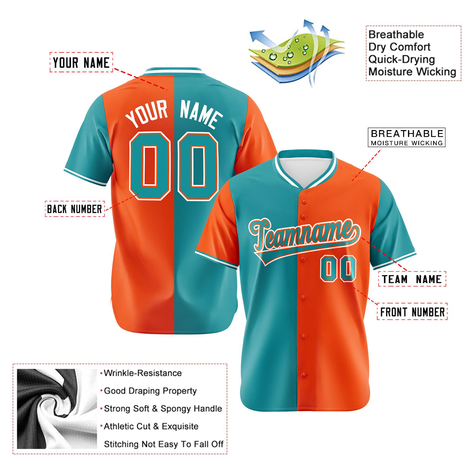 Custom Aqua Orange Authentic Split Fashion Baseball Jersey