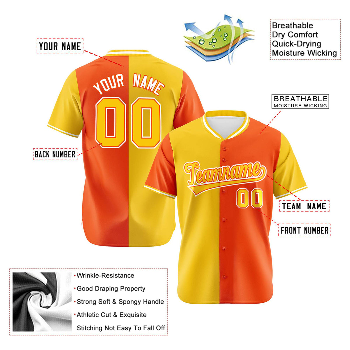 Custom Gold Orange Authentic Split Fashion Baseball Jersey
