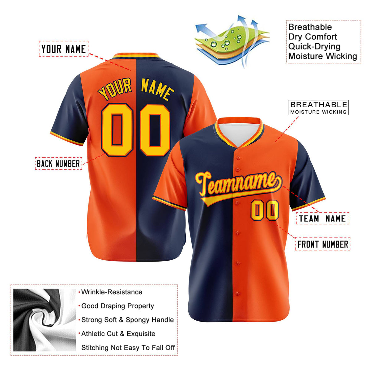 Custom Navy Orange Authentic Split Fashion Baseball Jersey