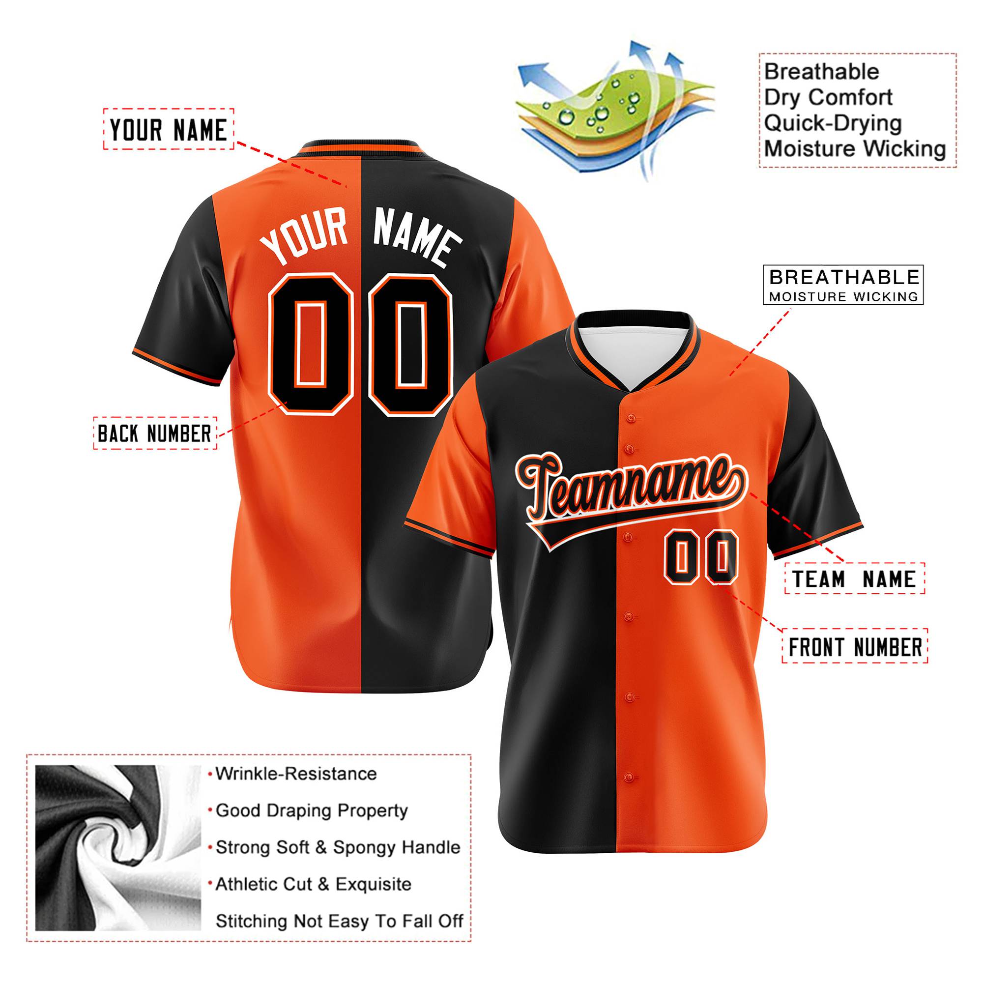 Custom Black Orange Authentic Split Fashion Baseball Jersey