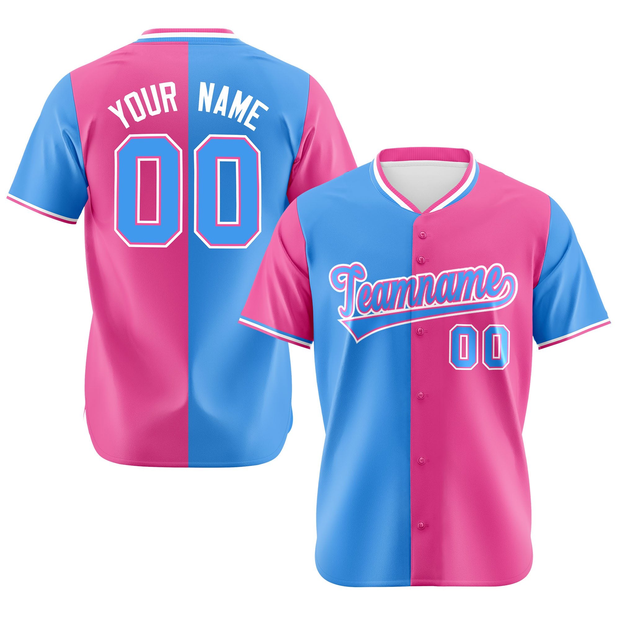 Custom Powder Blue Pink Authentic Split Fashion Baseball Jersey