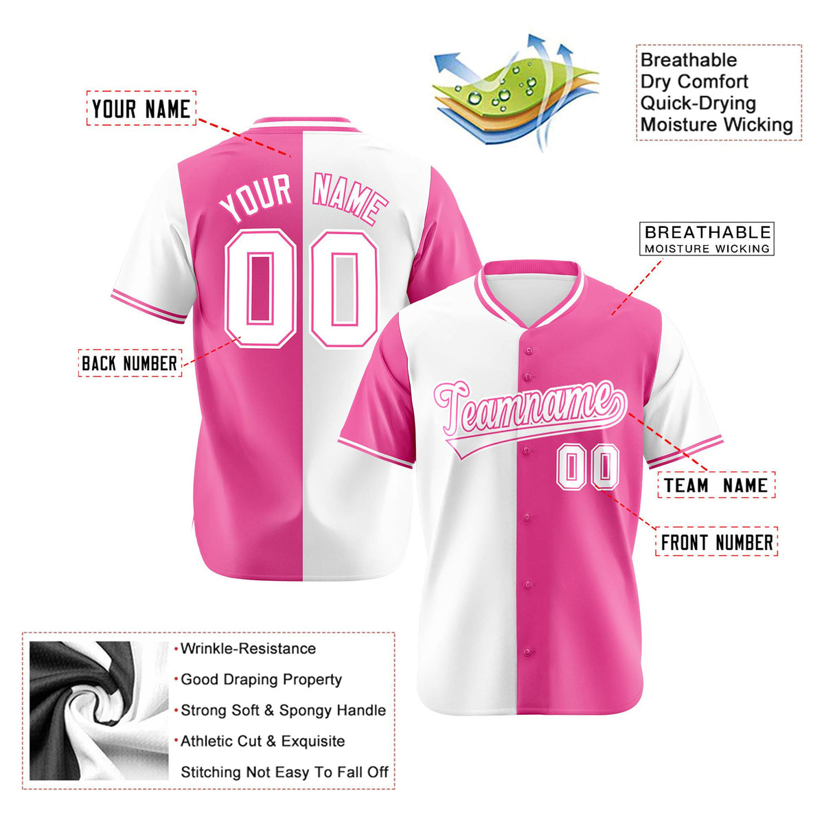 Custom White Pink Authentic Split Fashion Baseball Jersey