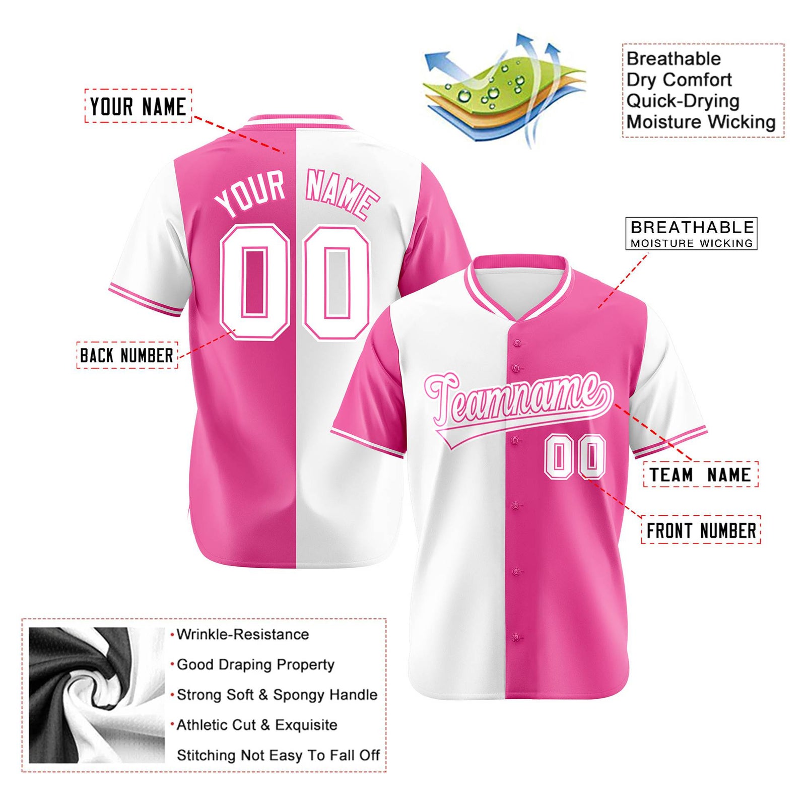 Custom White Pink Authentic Split Fashion Baseball Jersey