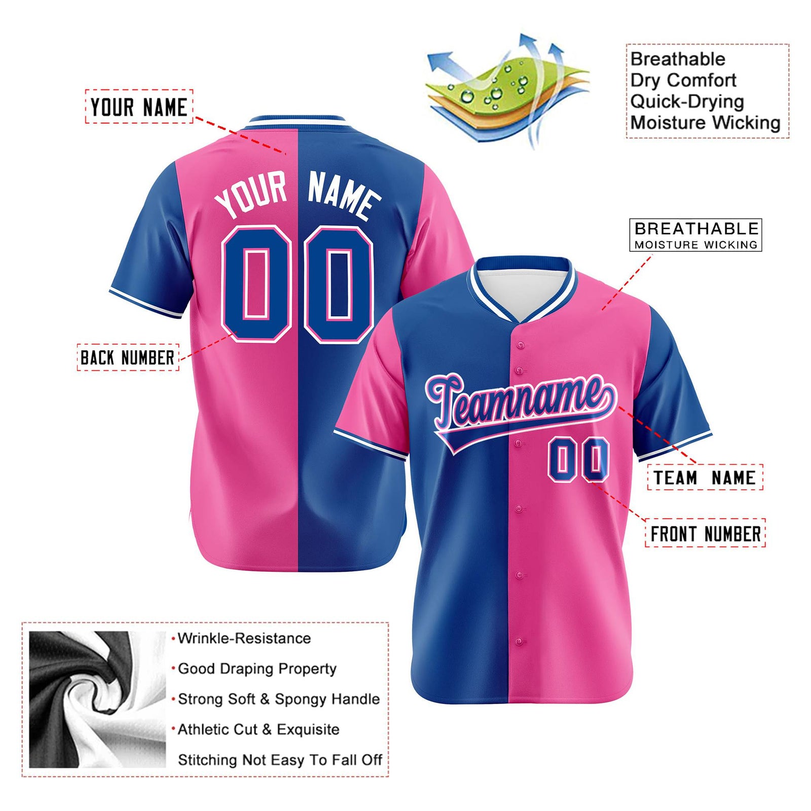 Custom Royal Blue Pink Authentic Split Fashion Baseball Jersey