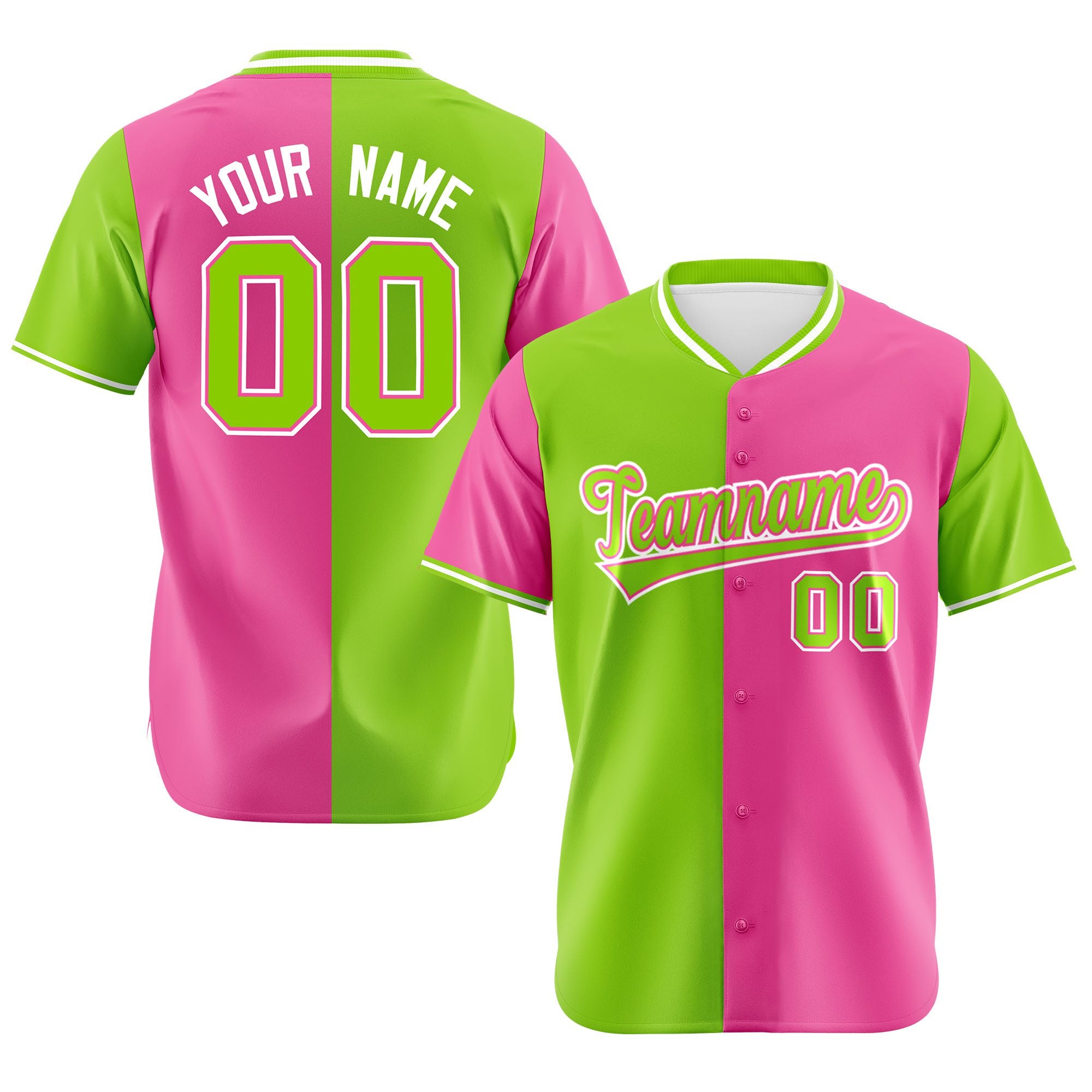 Custom Neon Green Pink Authentic Split Fashion Baseball Jersey