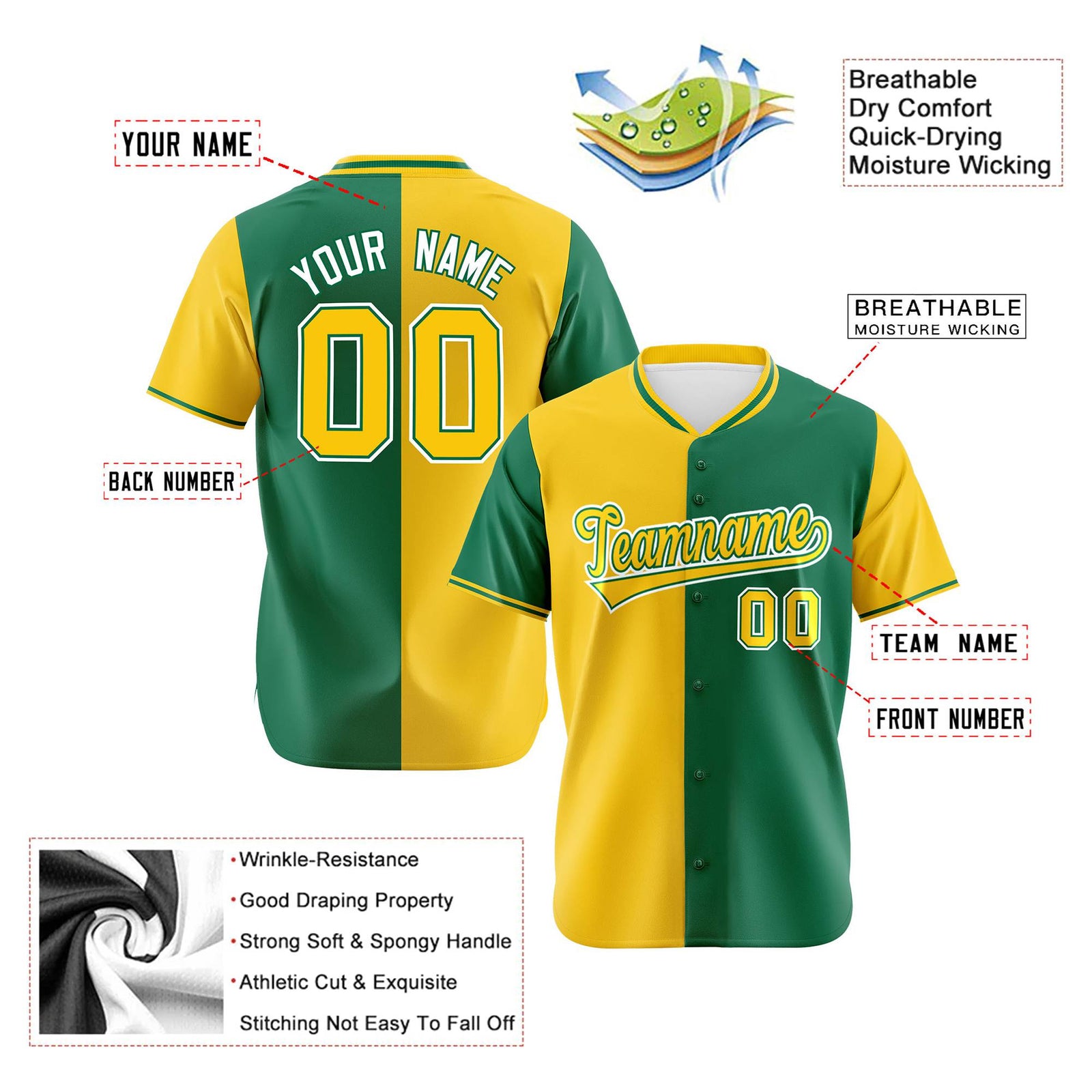Custom Gold Kelly Green Authentic Split Fashion Baseball Jersey