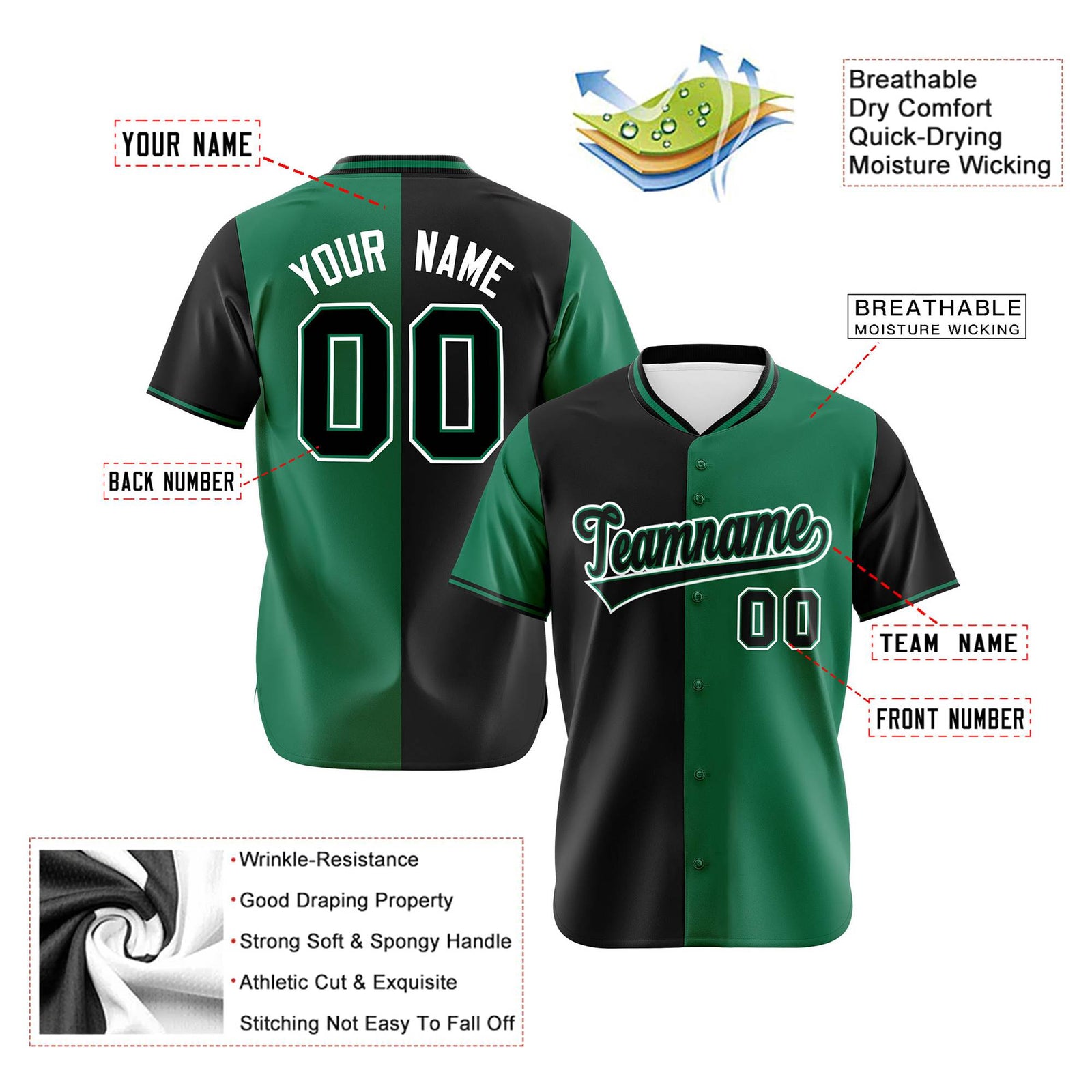 Custom Black Kelly Green Authentic Split Fashion Baseball Jersey